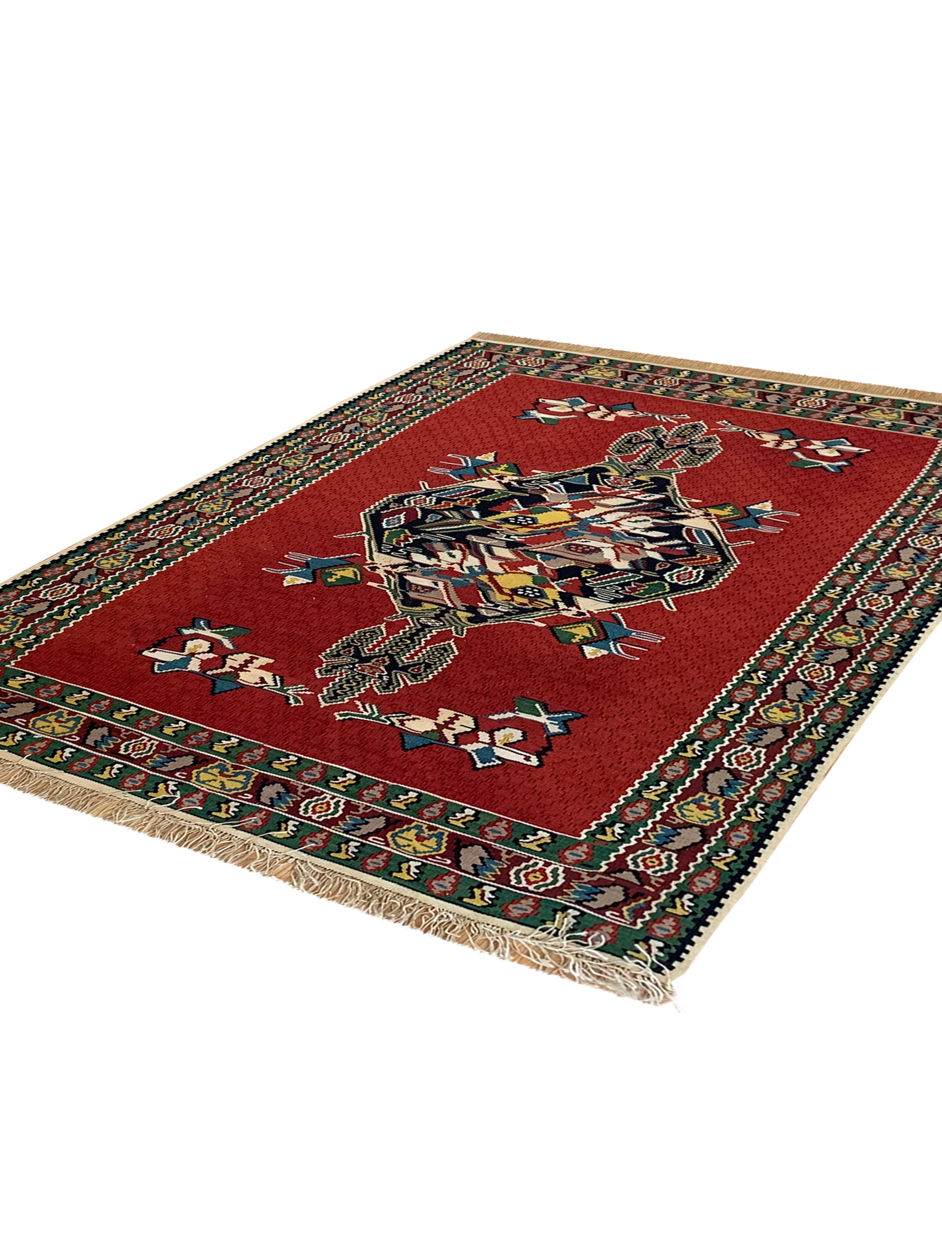 Paire de tapis Kilim en soie et laine rouges faits à la main, motifs géométriques en vente 12