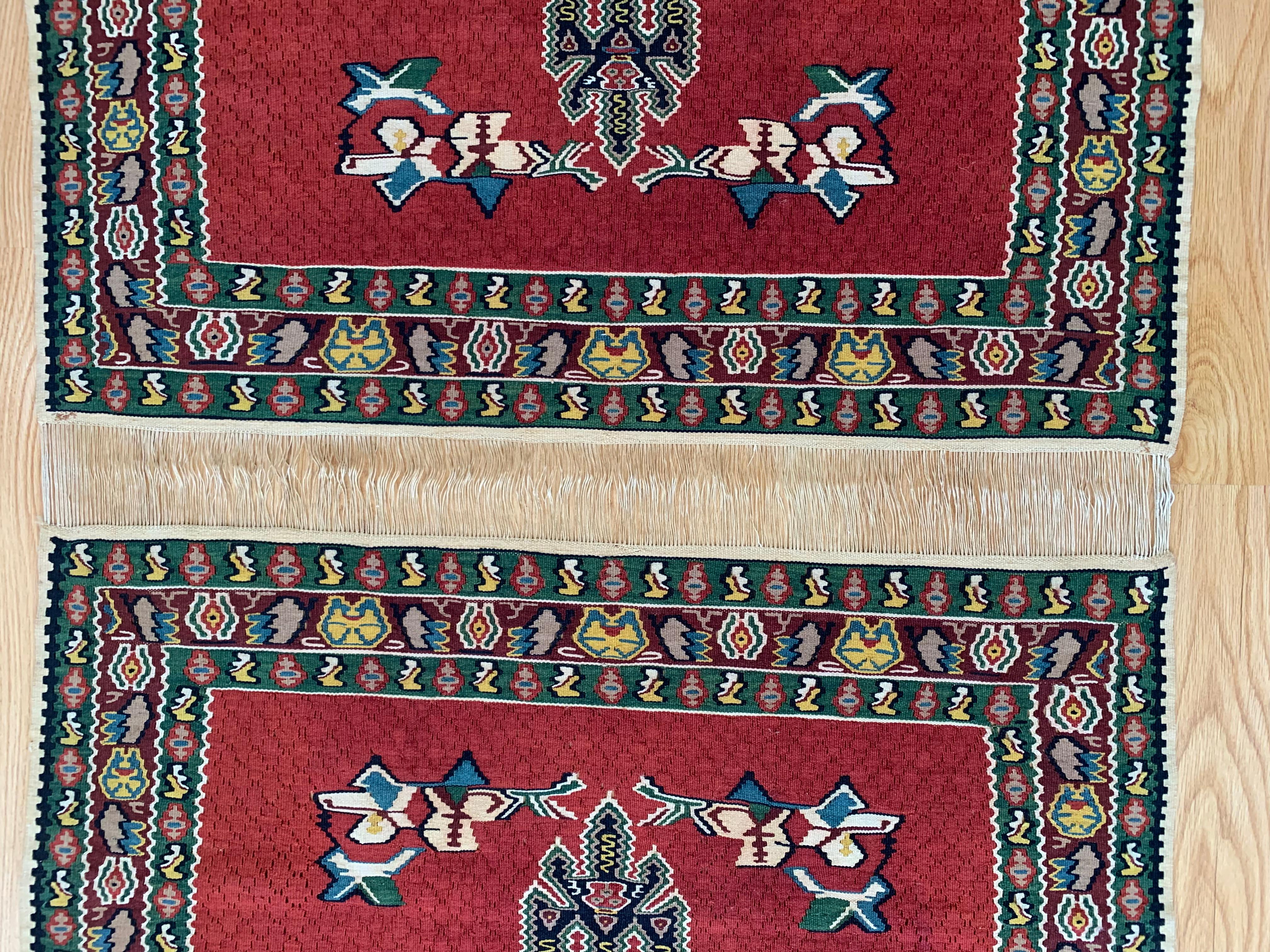 Iraqi Pair of Red Silk and Wool Kilim Rugs Handmade Geometric Area Rugs For Sale