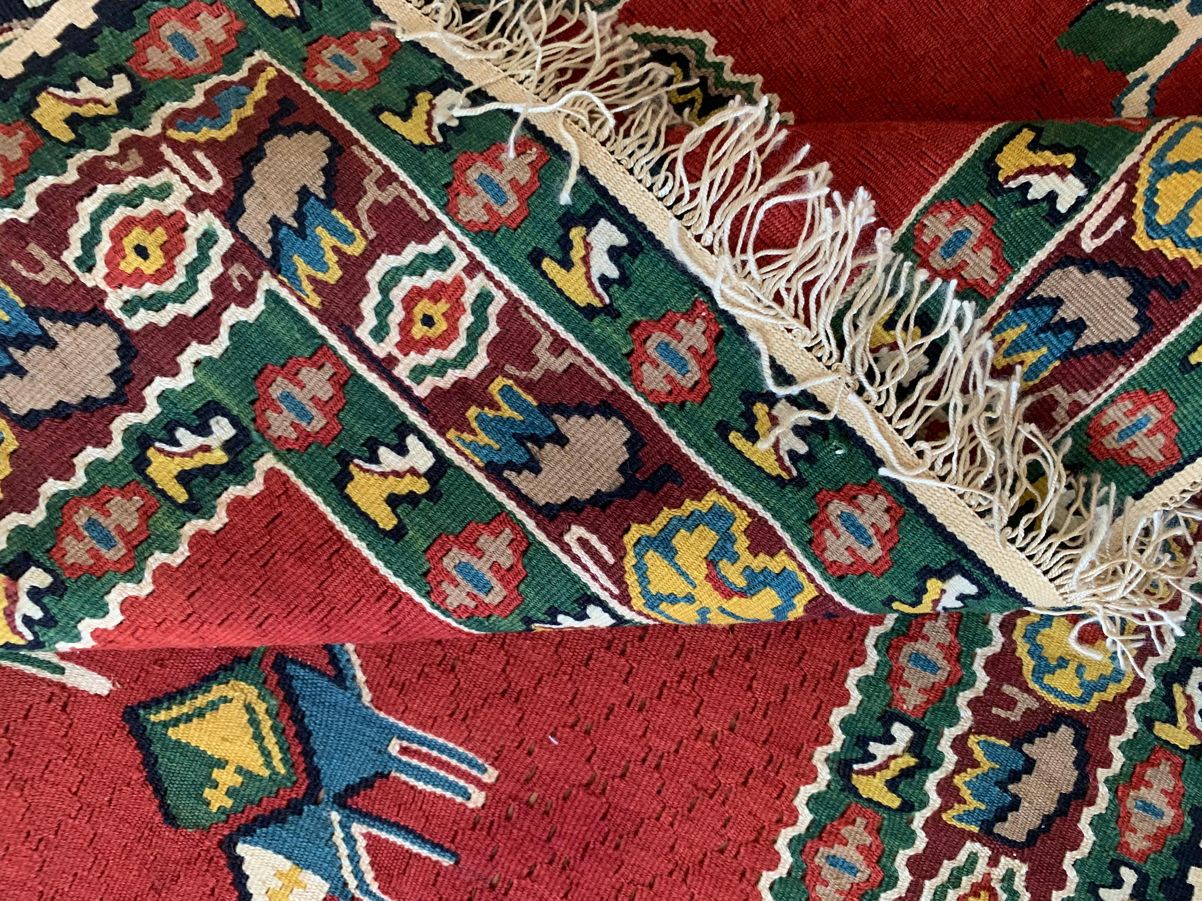 Pair of Red Silk and Wool Kilim Rugs Handmade Geometric Area Rugs In New Condition For Sale In Hampshire, GB