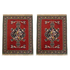 Paire de tapis Kilim en soie et laine rouges faits à la main, motifs géométriques
