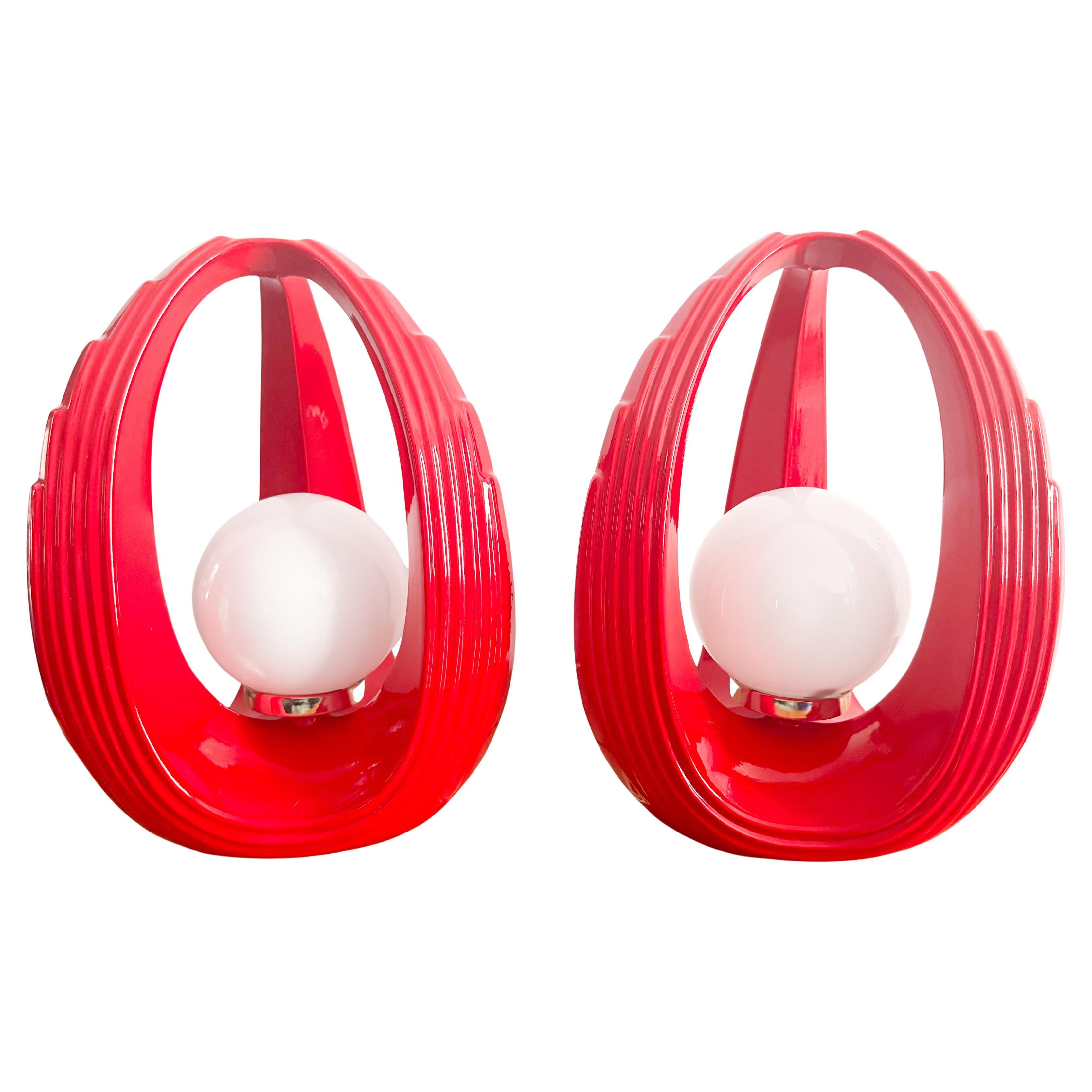 Pair of Red Space Age Sculptural Ceramic Table Lamps, Canada 1980s Post Modern For Sale
