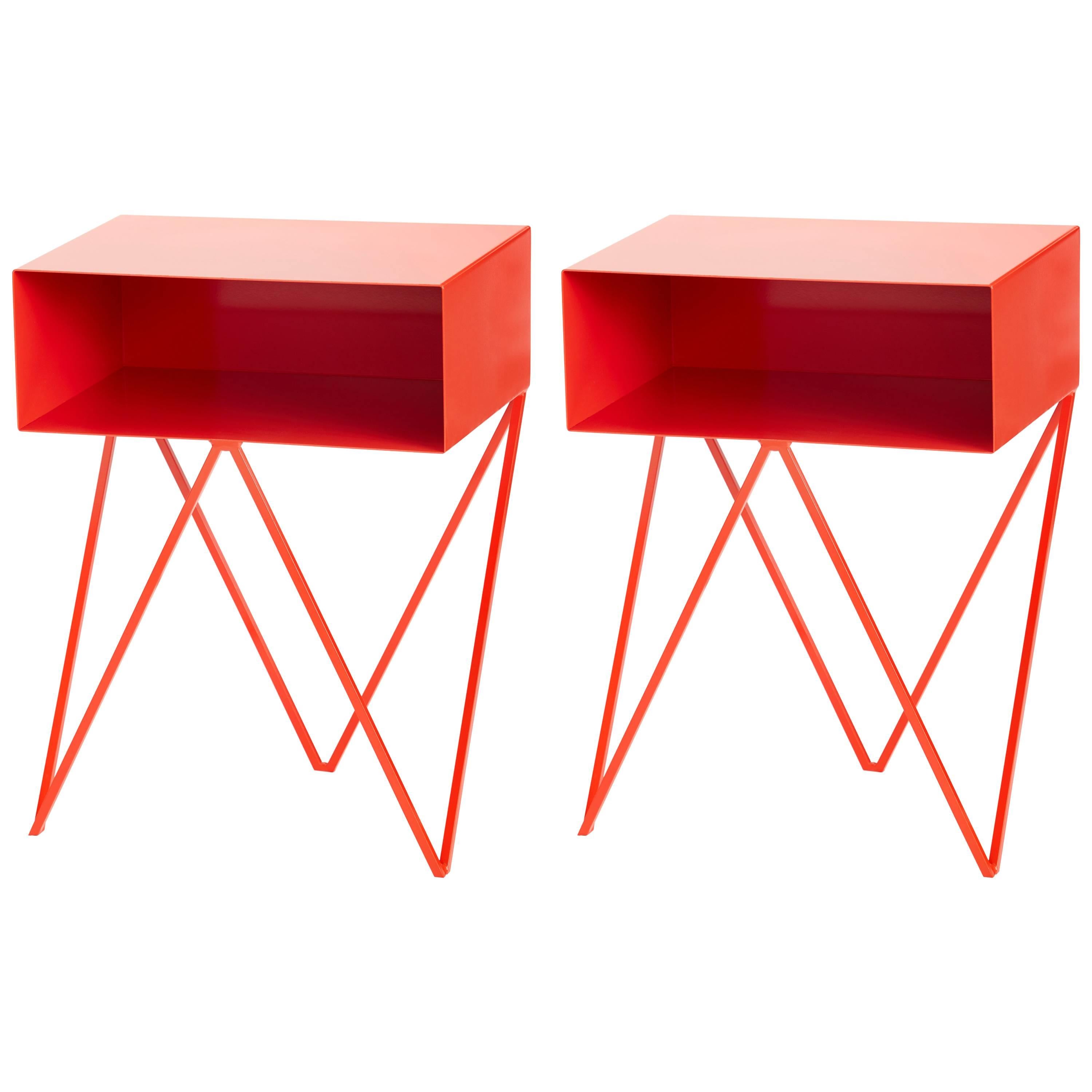 Pair of Red Steel Robot Bedside Tables / Nightstands