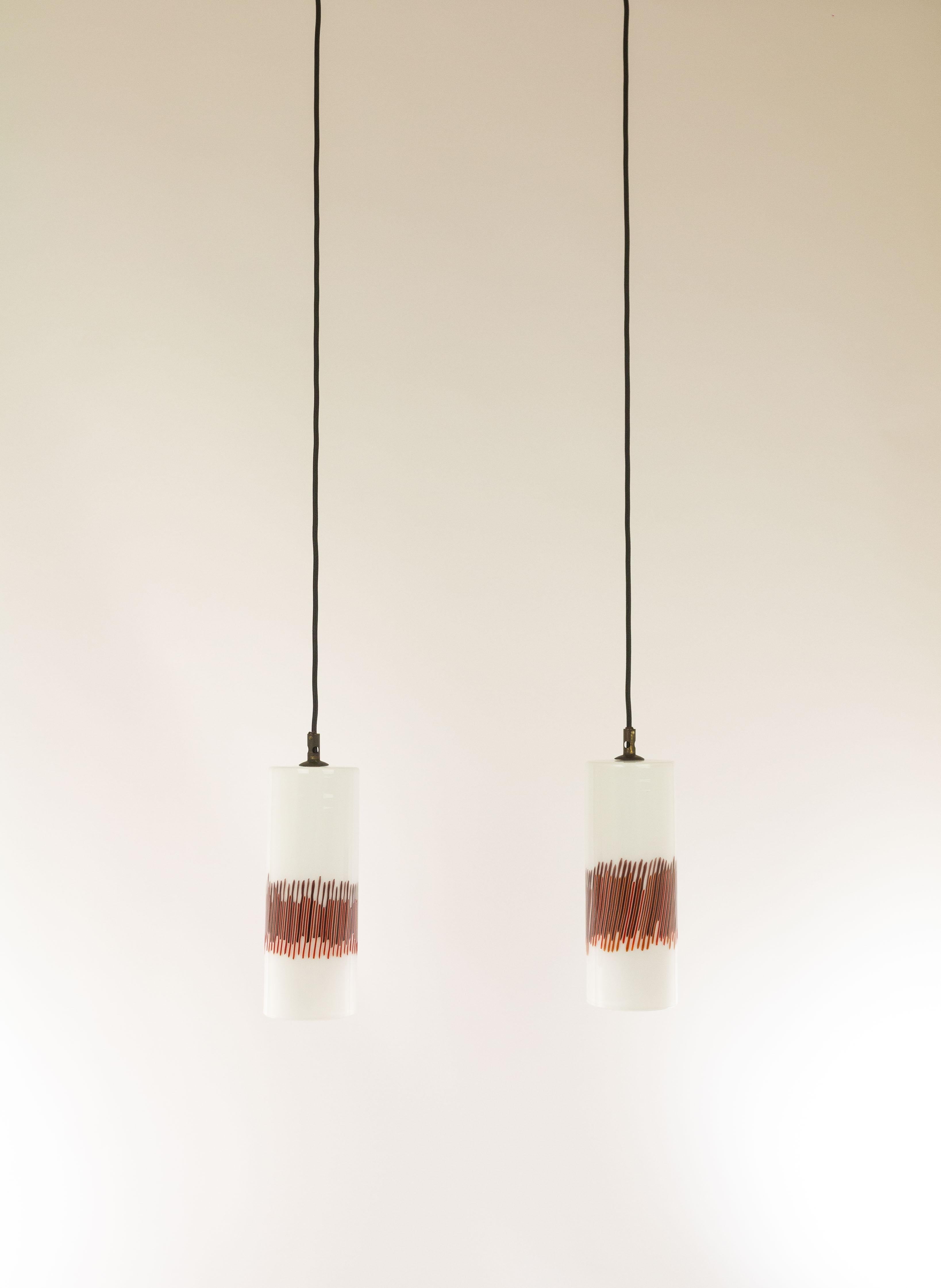 Mid-Century Modern Pair of Red Striped Glass Pendants by Massimo Vignelli for Venini, 1950s