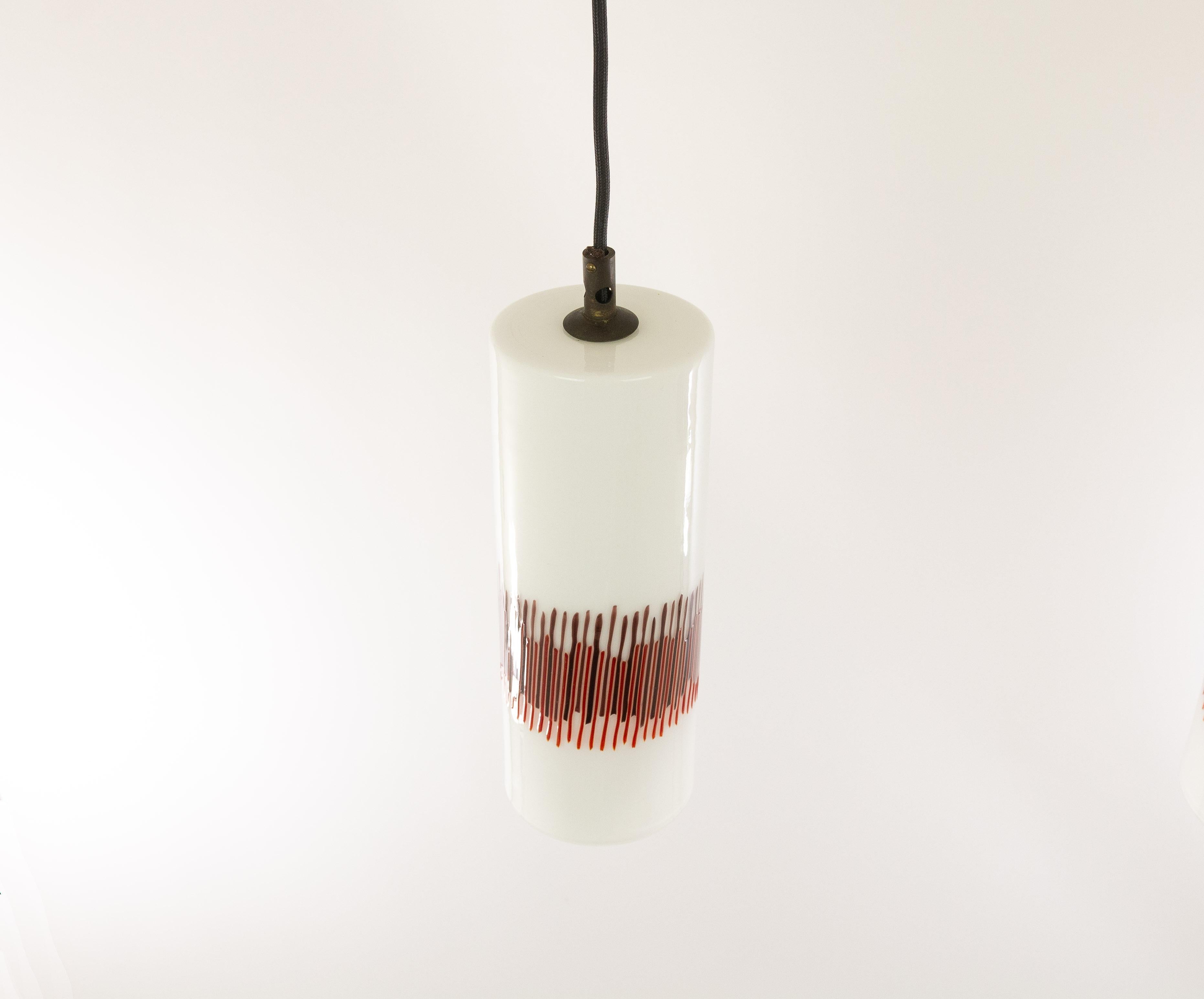 Brass Pair of Red Striped Glass Pendants by Massimo Vignelli for Venini, 1950s