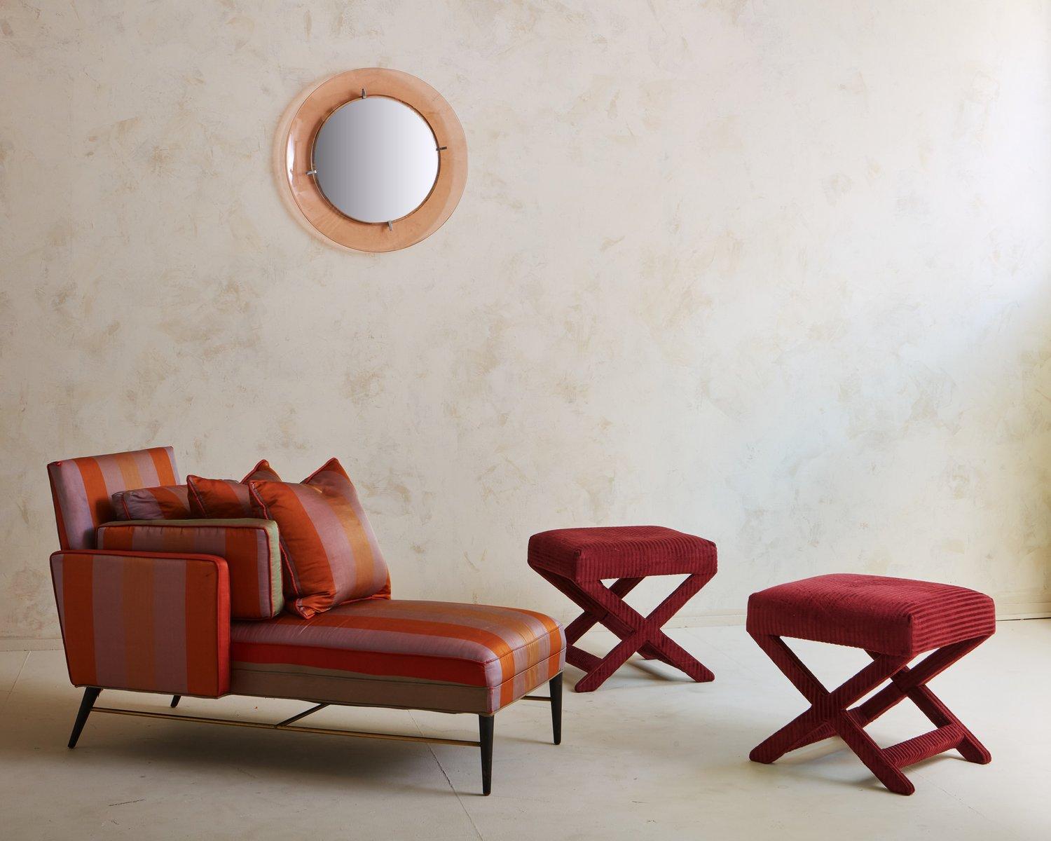 Mid-Century Modern Pair of Red Striped Ottomans with X-Base, '2 Pairs Available'