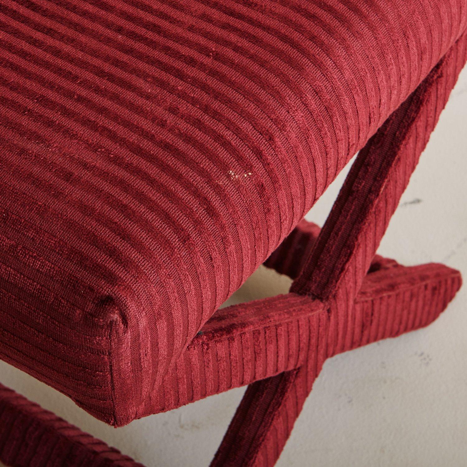 20th Century Pair of Red Striped Ottomans with X-Base, '2 Pairs Available'