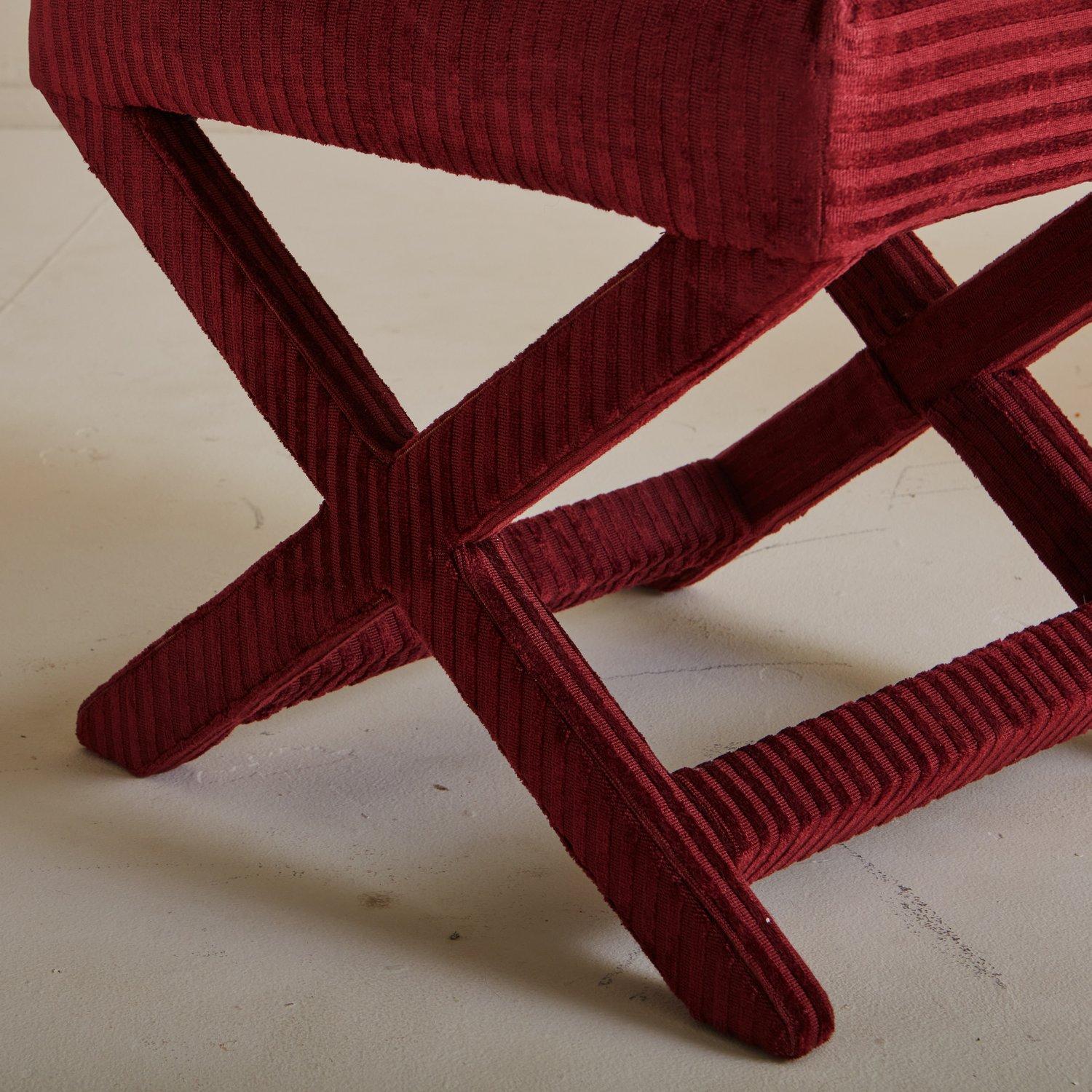 Upholstery Pair of Red Striped Ottomans with X-Base, '2 Pairs Available'