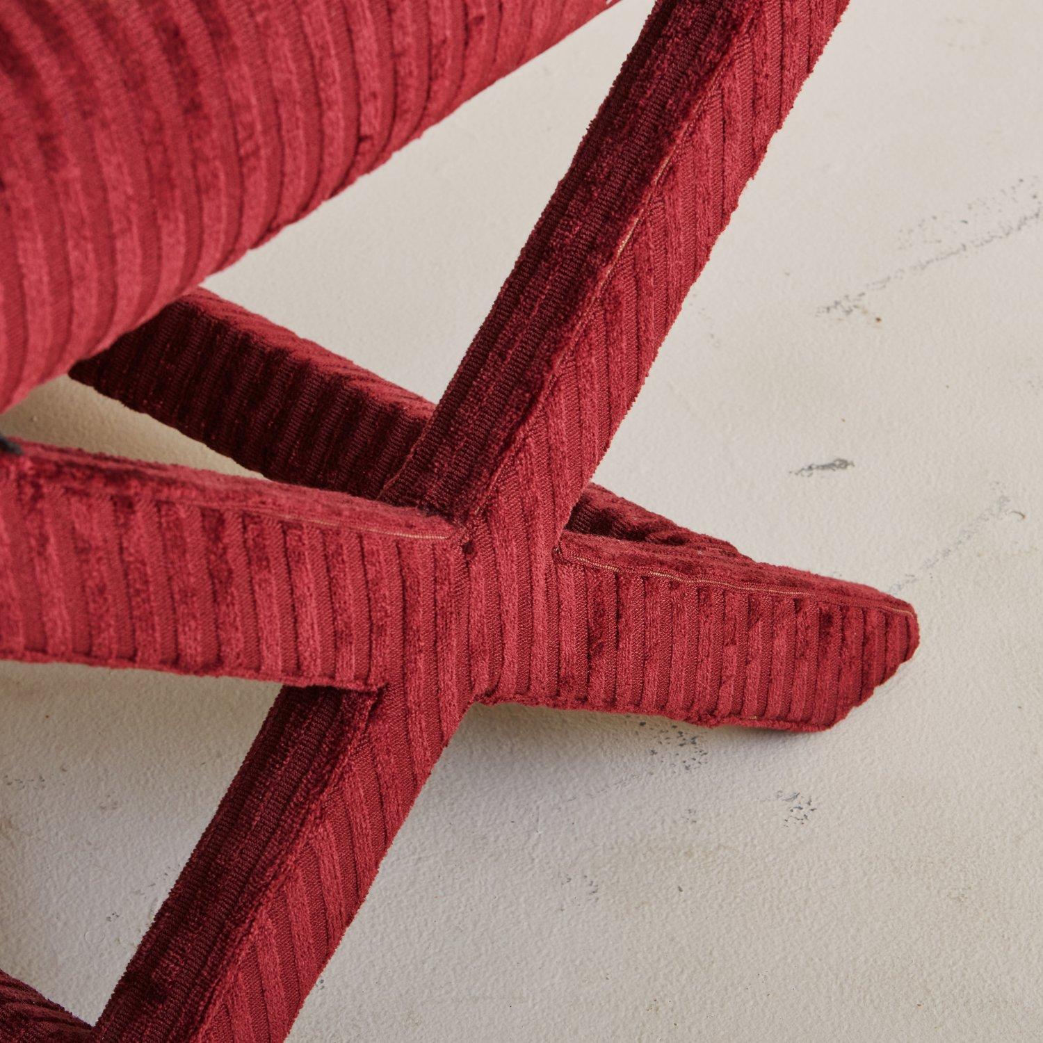Pair of Red Striped Ottomans with X-Base, '2 Pairs Available' 2