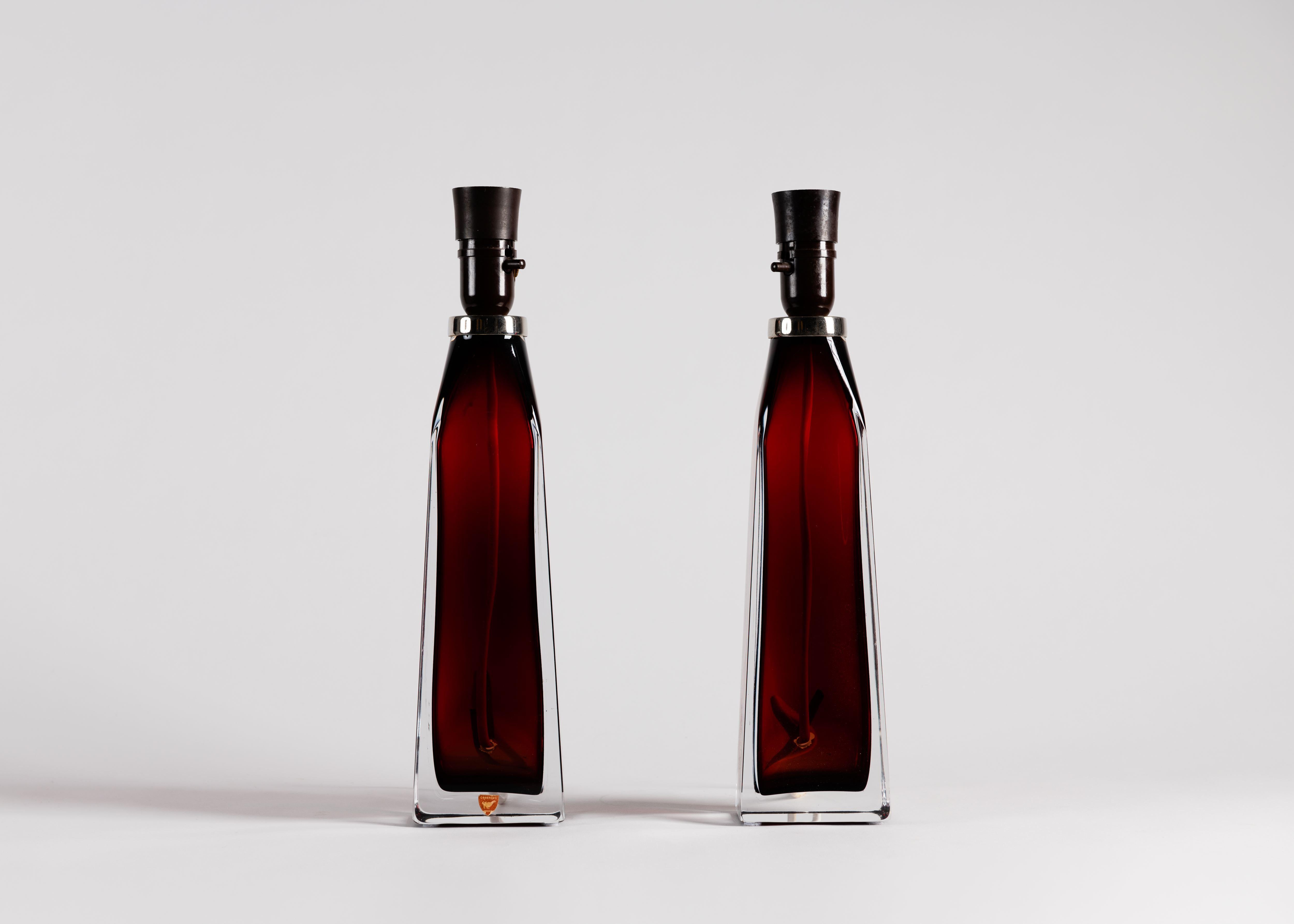 Swedish Pair of Red Table Lamps by Carl Fagerlund for Orrefors, Sweden, circa 1960s For Sale