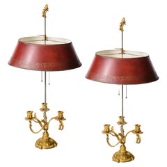 Pair Of  Red Tole, Rocaille Dore Bronze  Bouillotte Lamps,  (1852-1870)