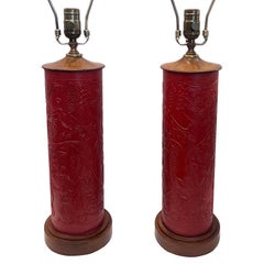 Pair of Red Tooled-Leather Lamps