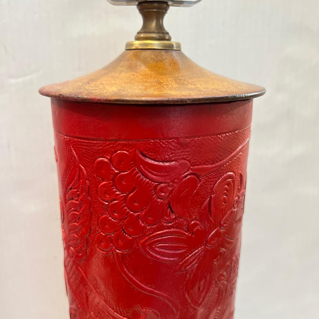 French Pair of Red Tooled-Leather Lamps For Sale