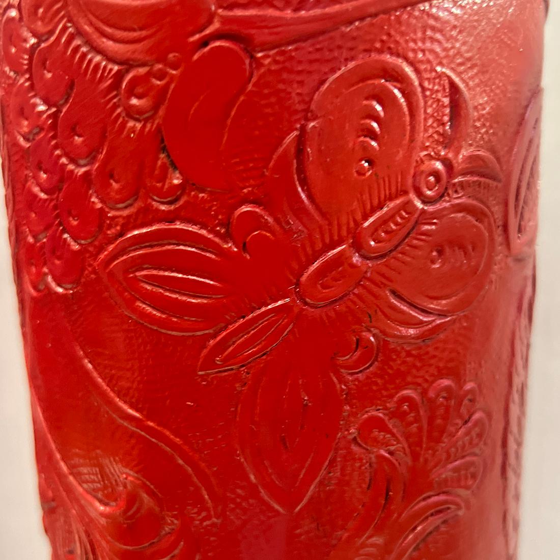 Pair of Red Tooled-Leather Lamps In Good Condition For Sale In New York, NY