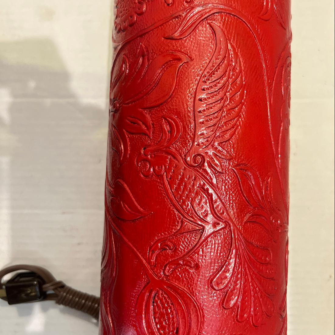 Pair of Red Tooled-Leather Lamps For Sale 1