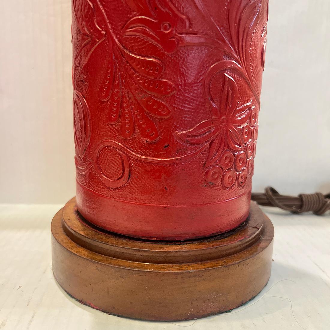Pair of Red Tooled-Leather Lamps For Sale 2
