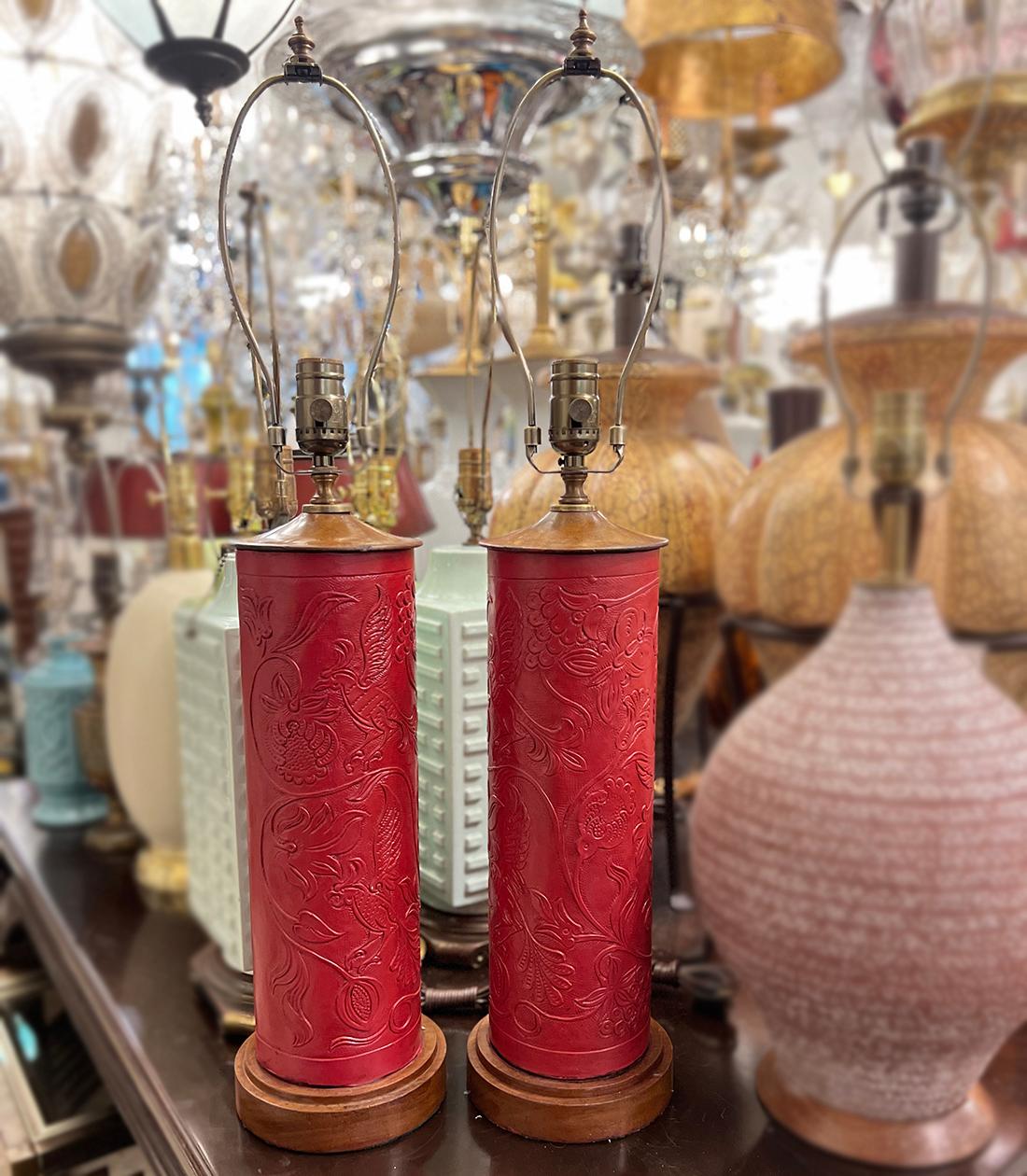 Pair of Red Tooled-Leather Lamps For Sale 3
