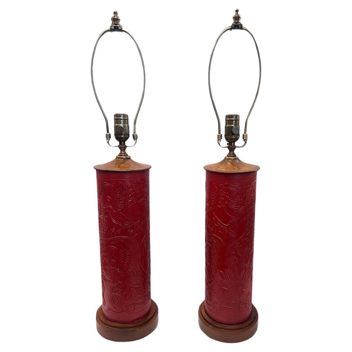 Pair of Red Tooled-Leather Lamps For Sale