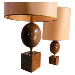 Pair of red travertine and brass lamps by Philippe Barbier, 1970s