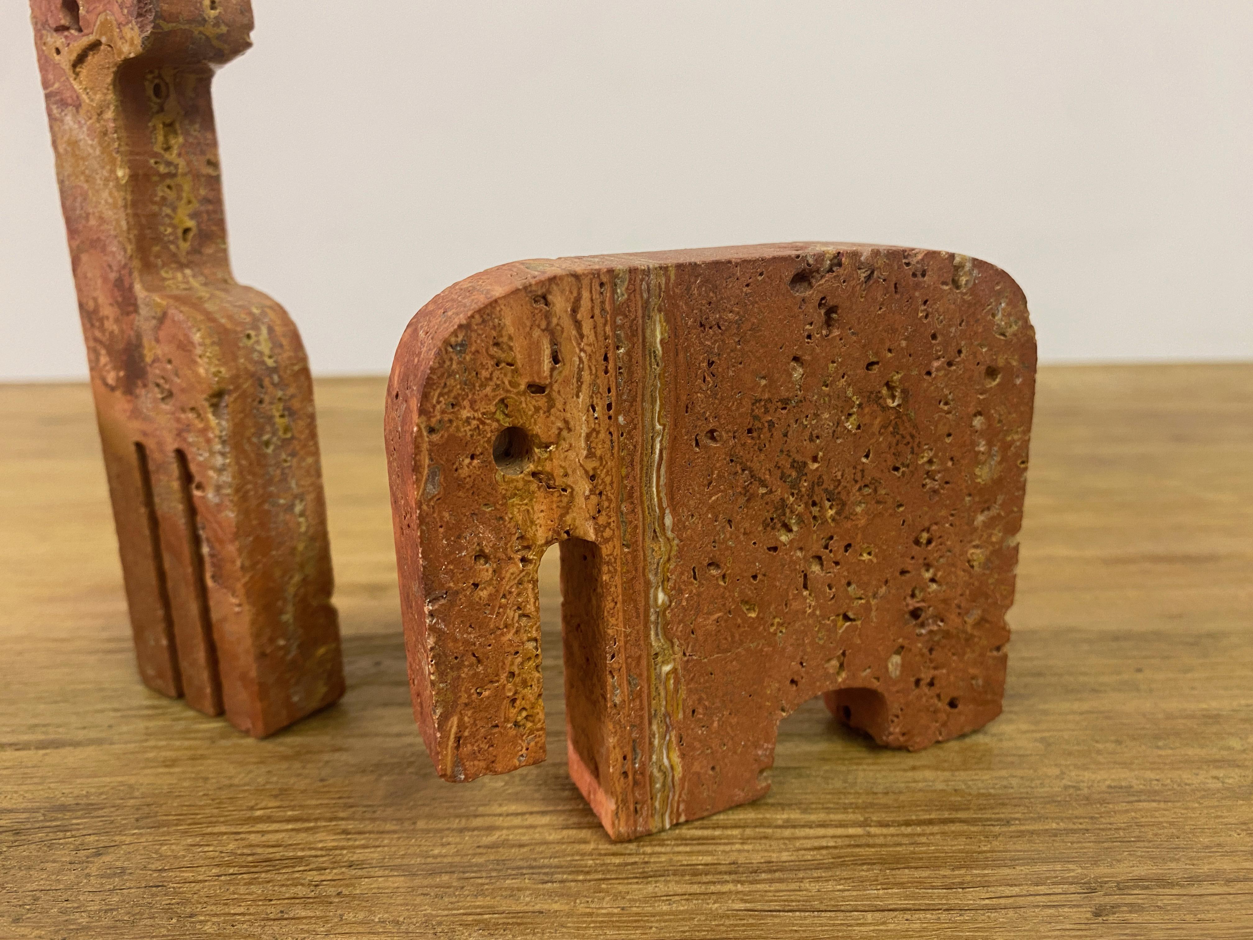 Pair Of Red Travertine Elephant Bookends And A Giraffe 2