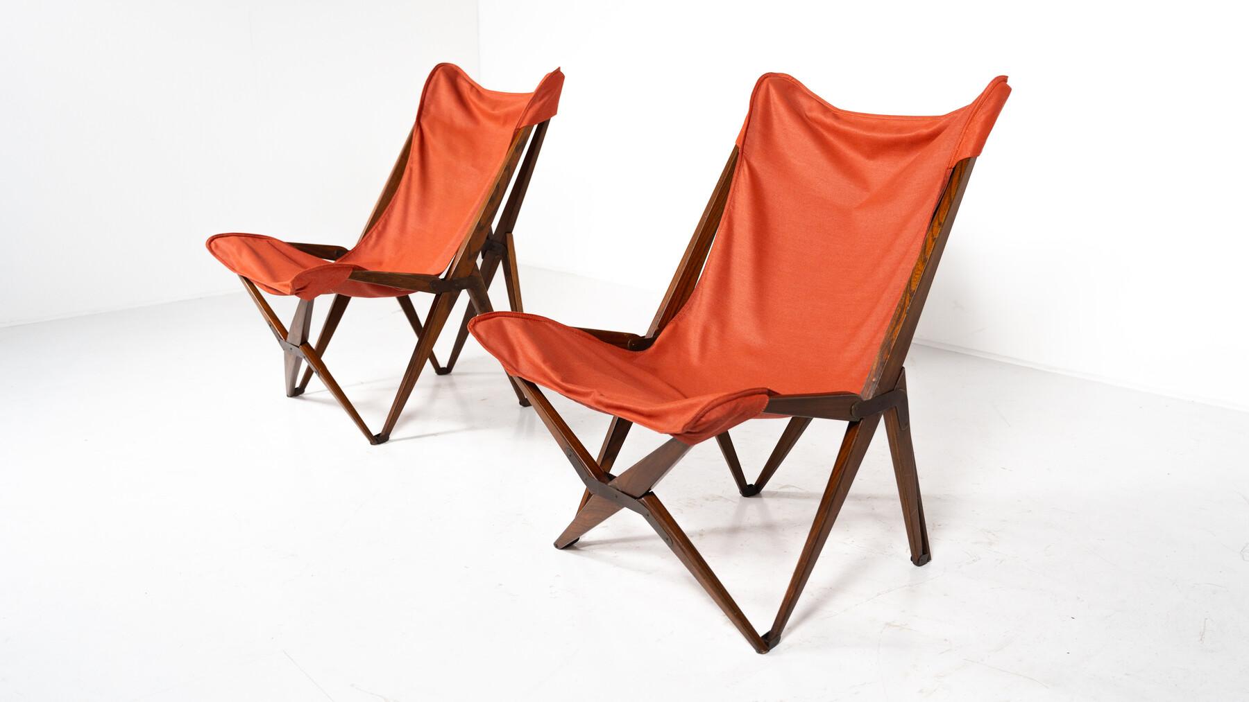 Bois Paire de chaises pliantes Tripolina rouges de Joseph B. Foldes en vente