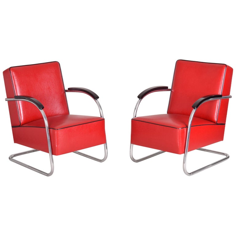 Pair of Red Tubular Steel Cantilever Armchairs, Chrome, New Leather