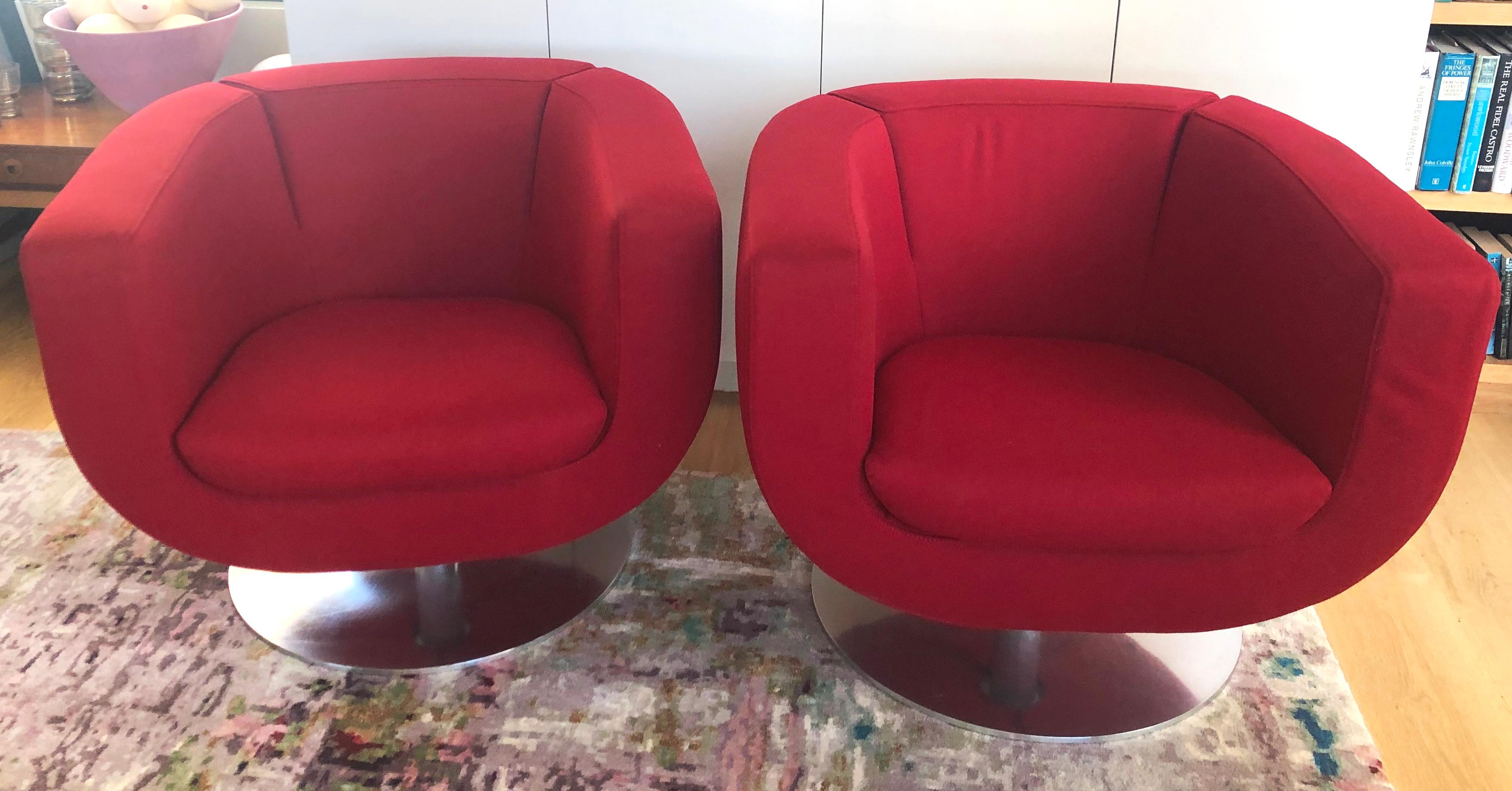 Modern Pair of Red Tulip Chairs by Jeffrey Bernett for B&B Italia Chrome Base For Sale