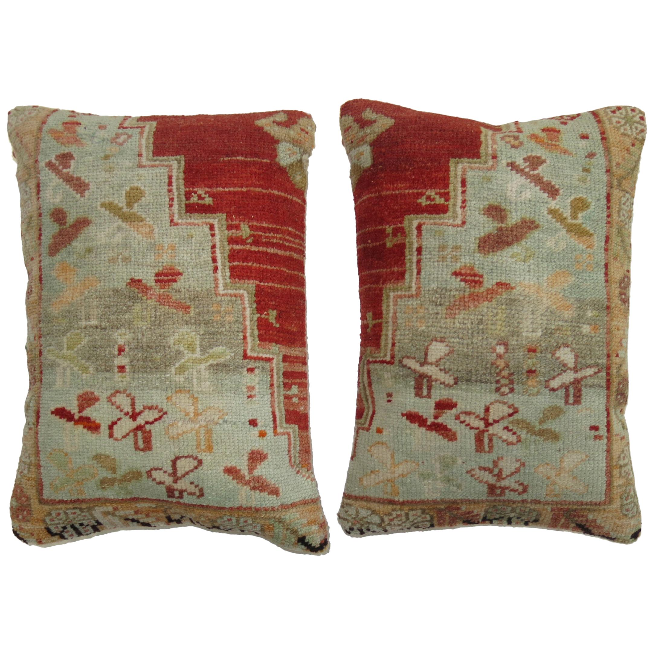 Pair of Red Turkish Oushak Rug Pillows