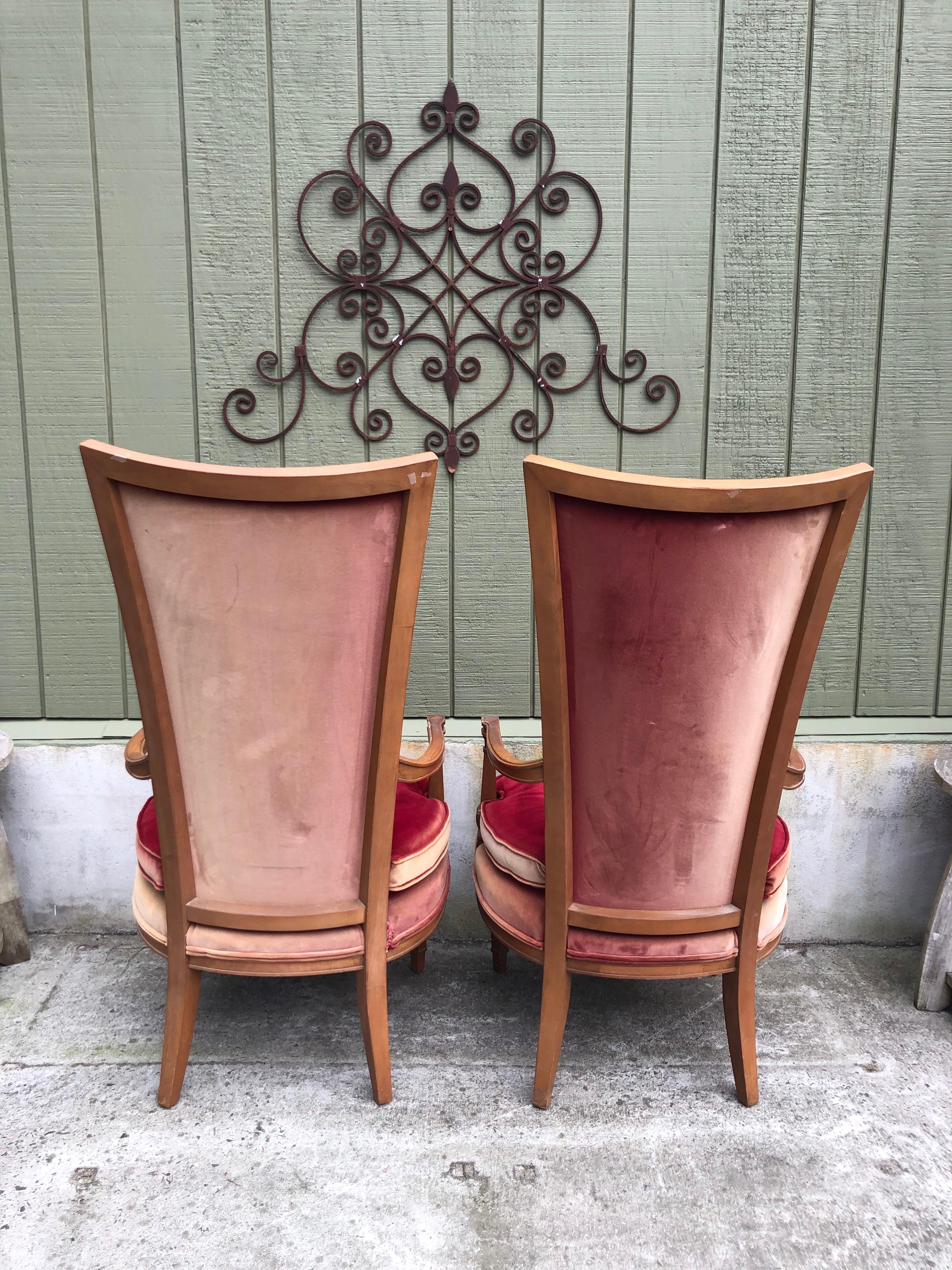 Pair of Red Velvet Hollywood Regency Highback Chairs 8