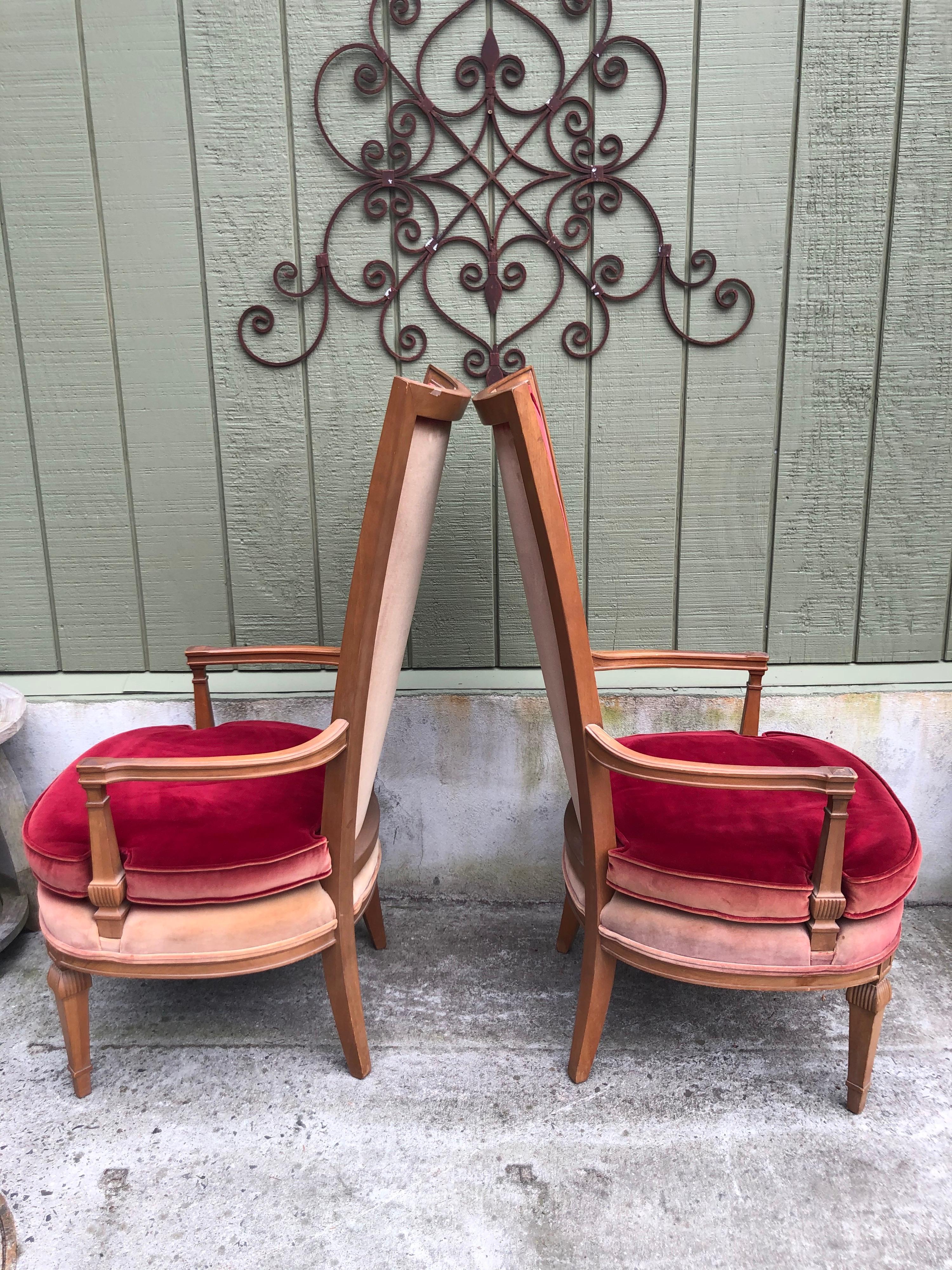 Pair of Red Velvet Hollywood Regency Highback Chairs 9