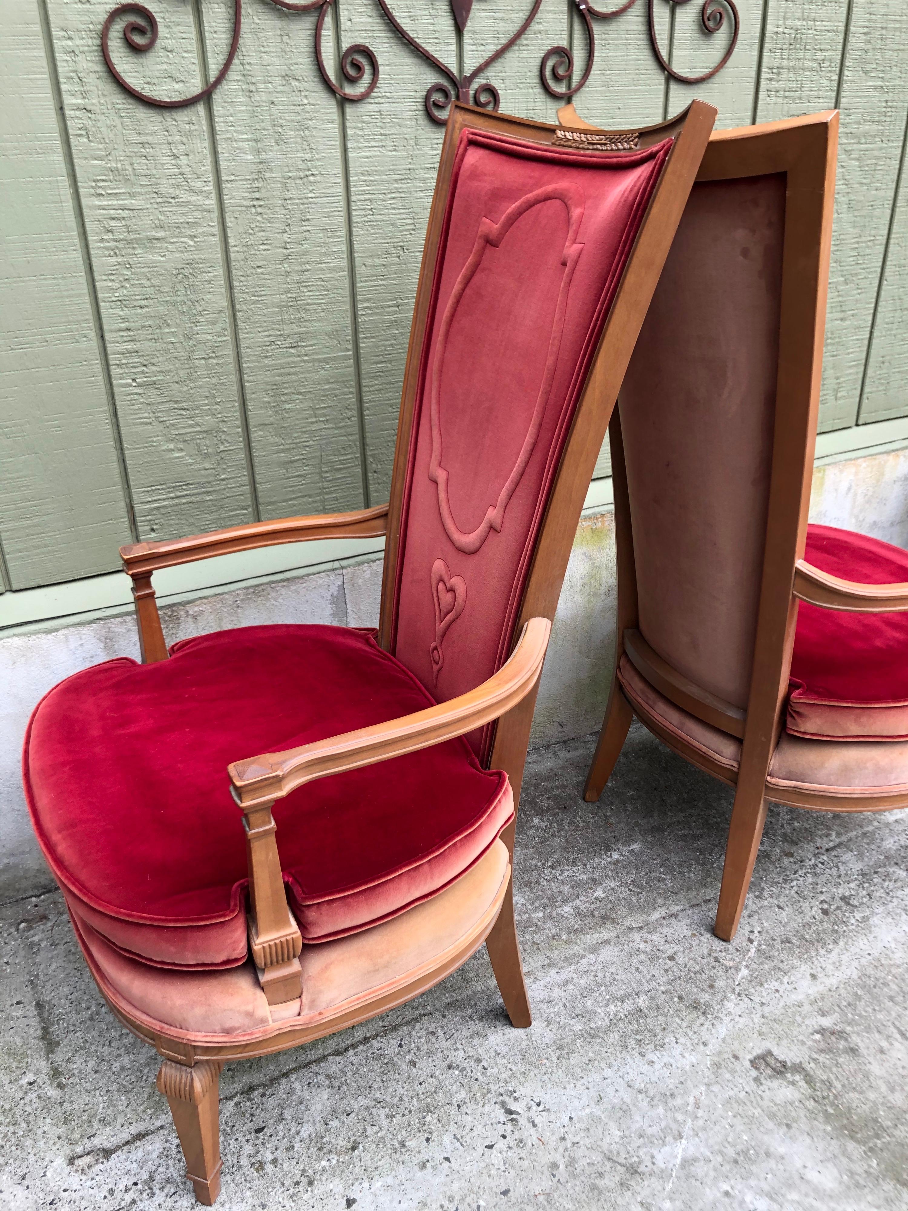 Pair of Red Velvet Hollywood Regency Highback Chairs 12