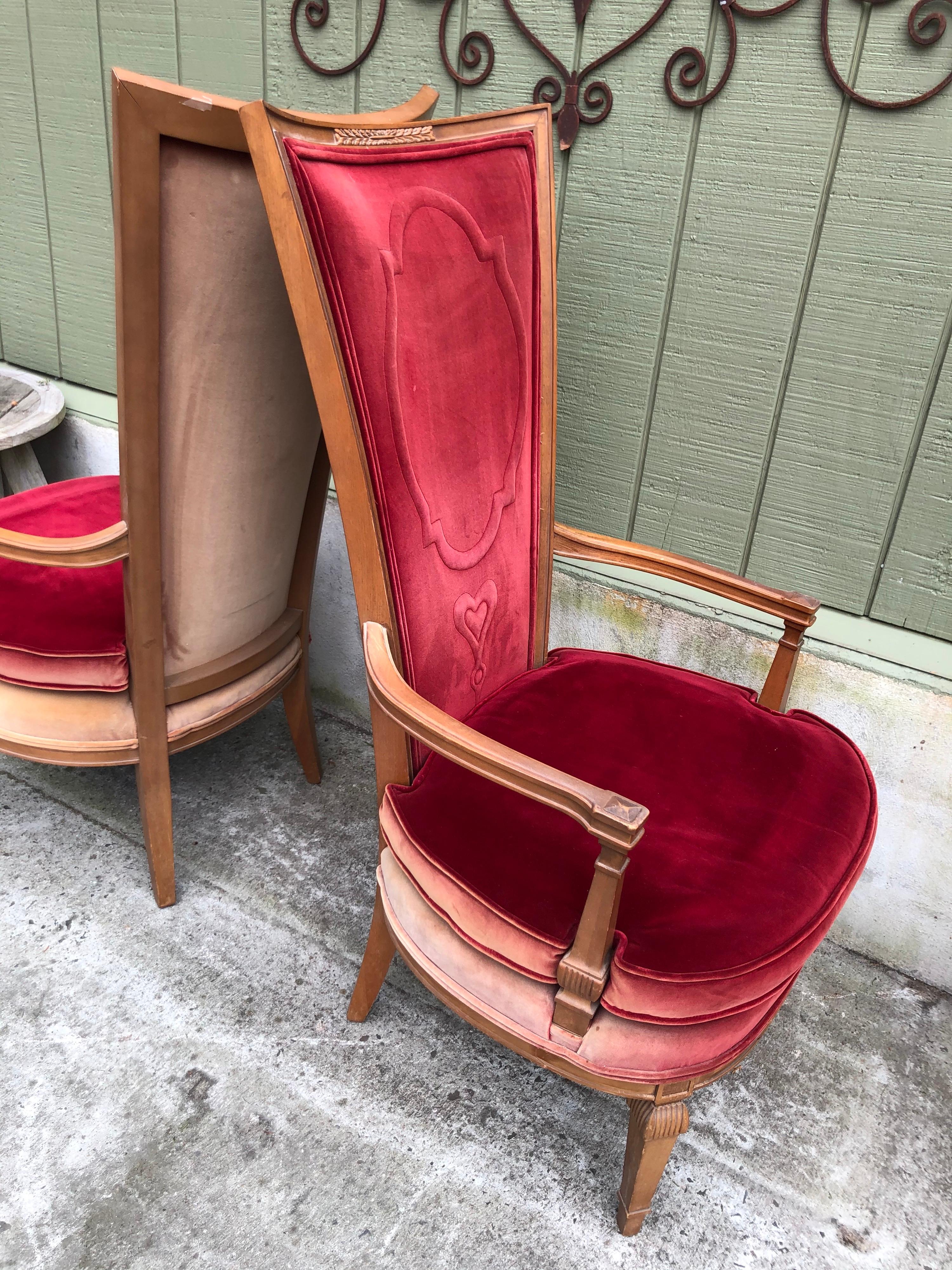 Pair of Red Velvet Hollywood Regency Highback Chairs 13