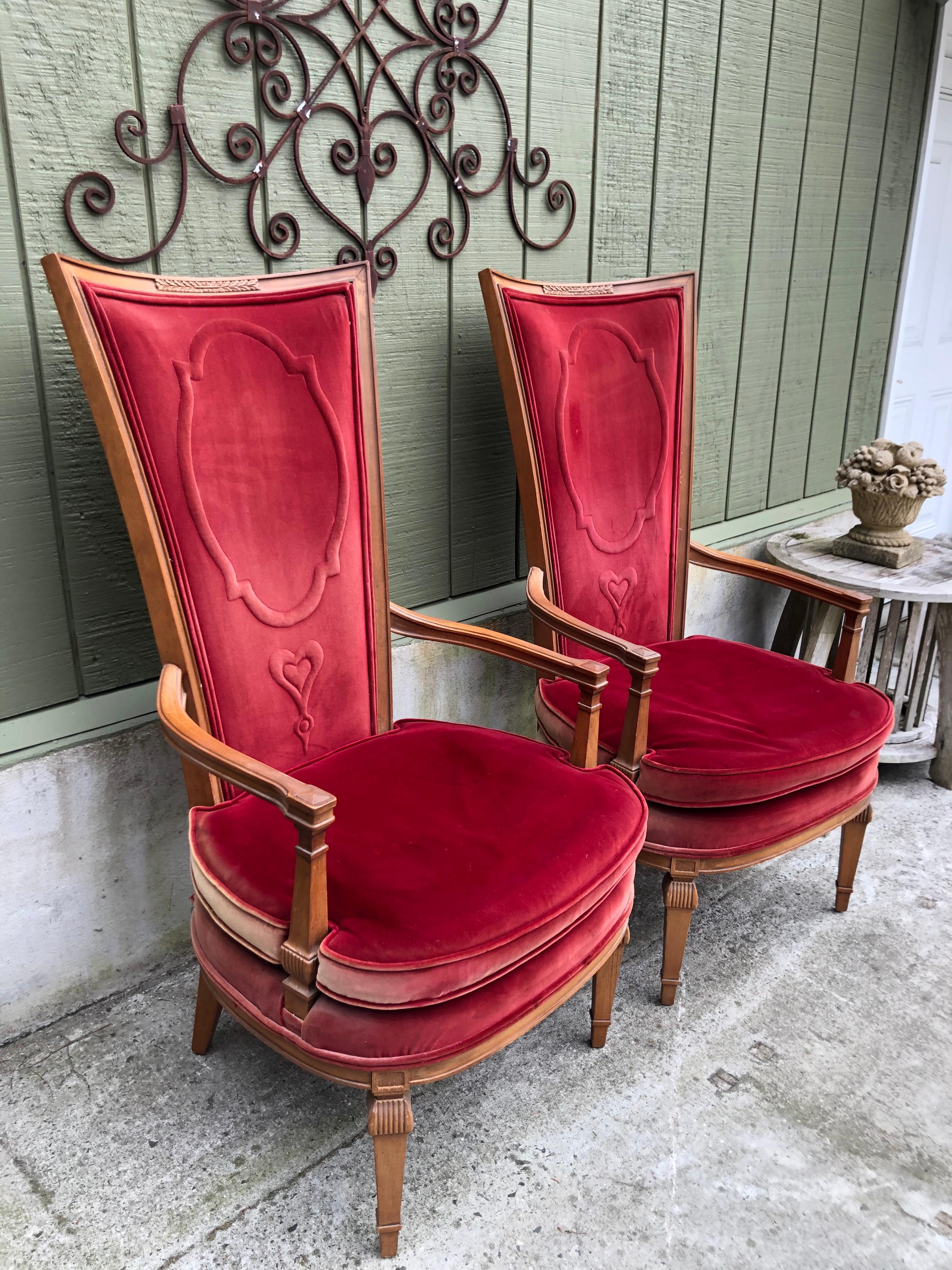 Pair of Red Velvet Hollywood Regency Highback Chairs In Good Condition In Redding, CT