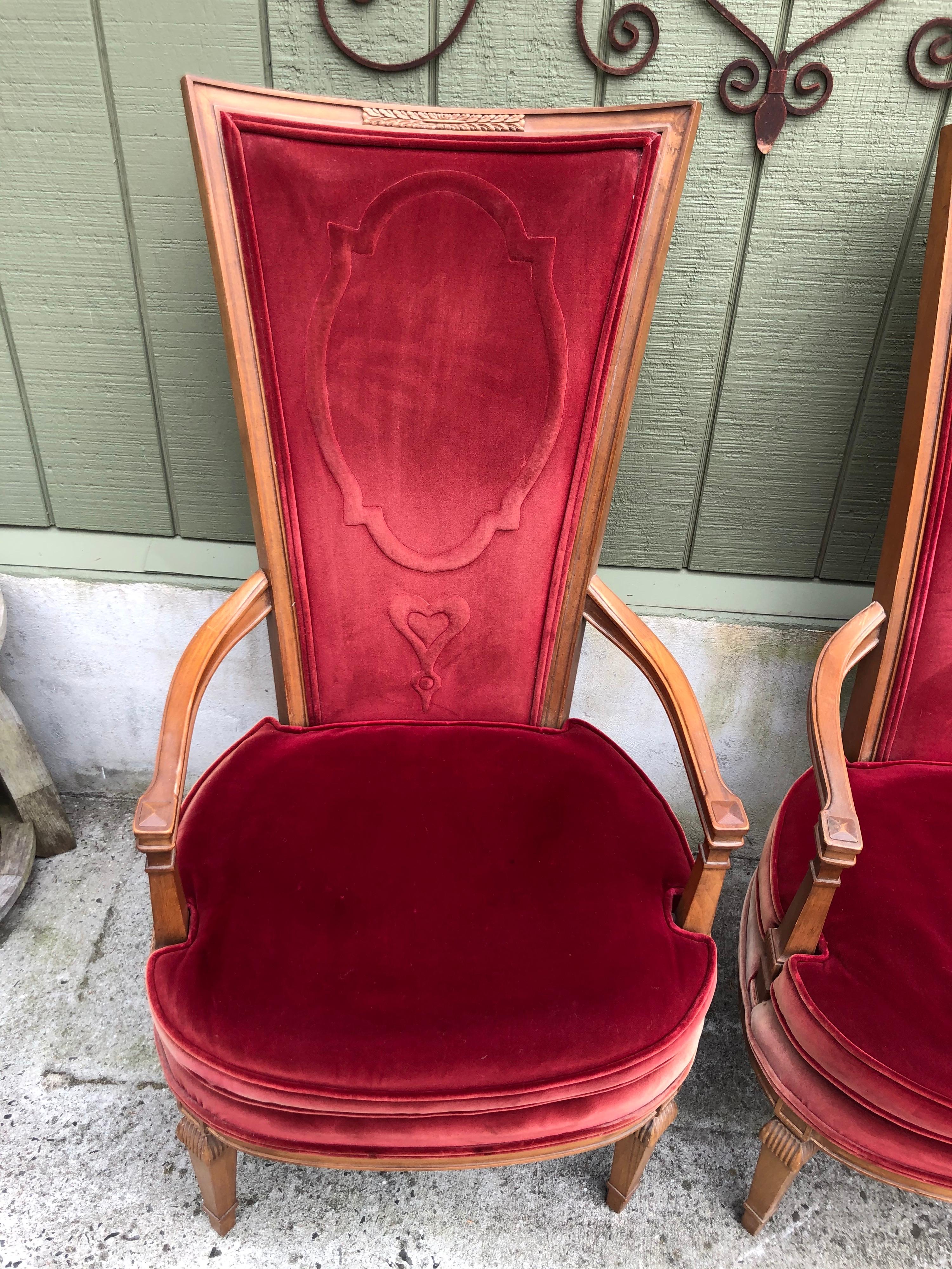 Mid-20th Century Pair of Red Velvet Hollywood Regency Highback Chairs