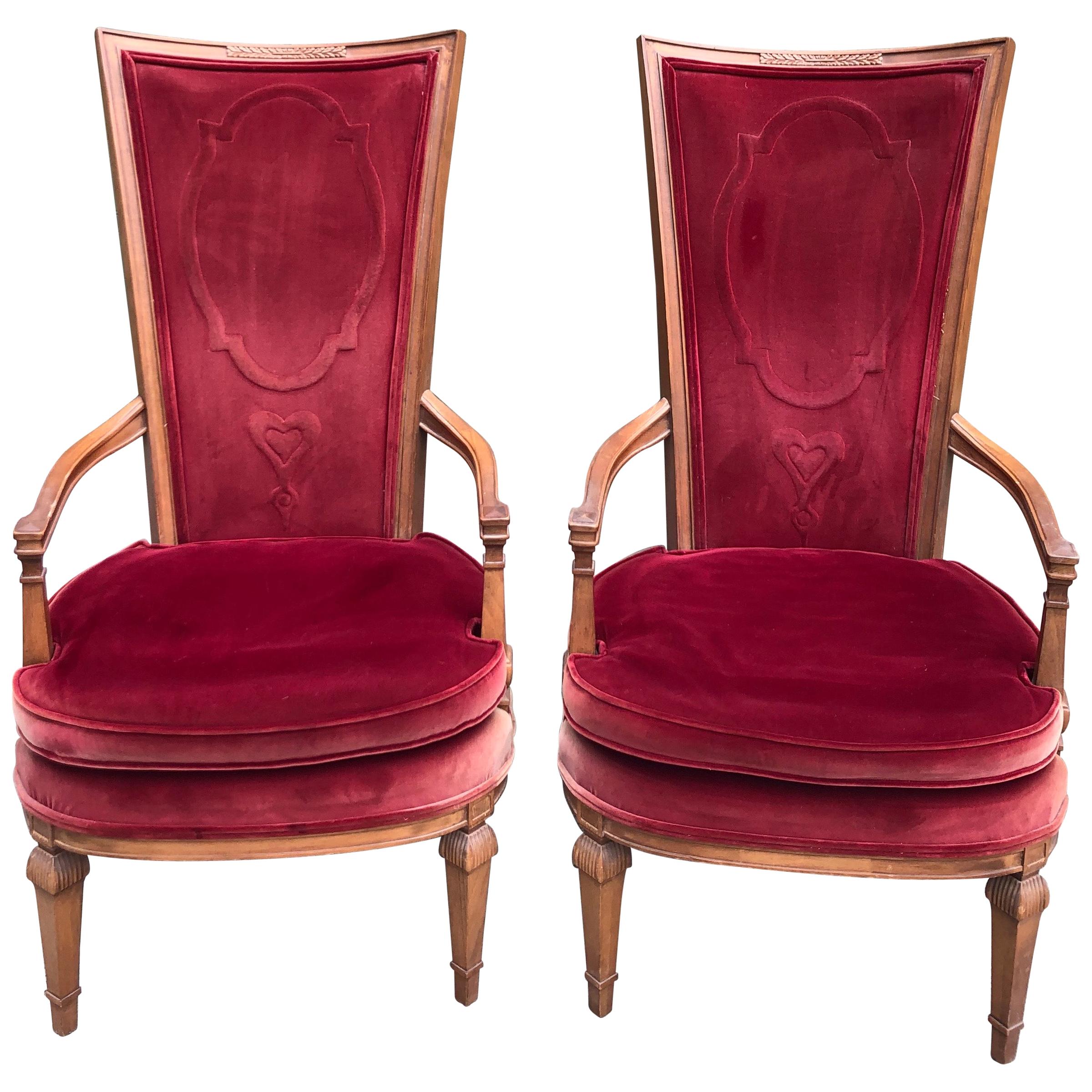 Pair of Red Velvet Hollywood Regency Highback Chairs