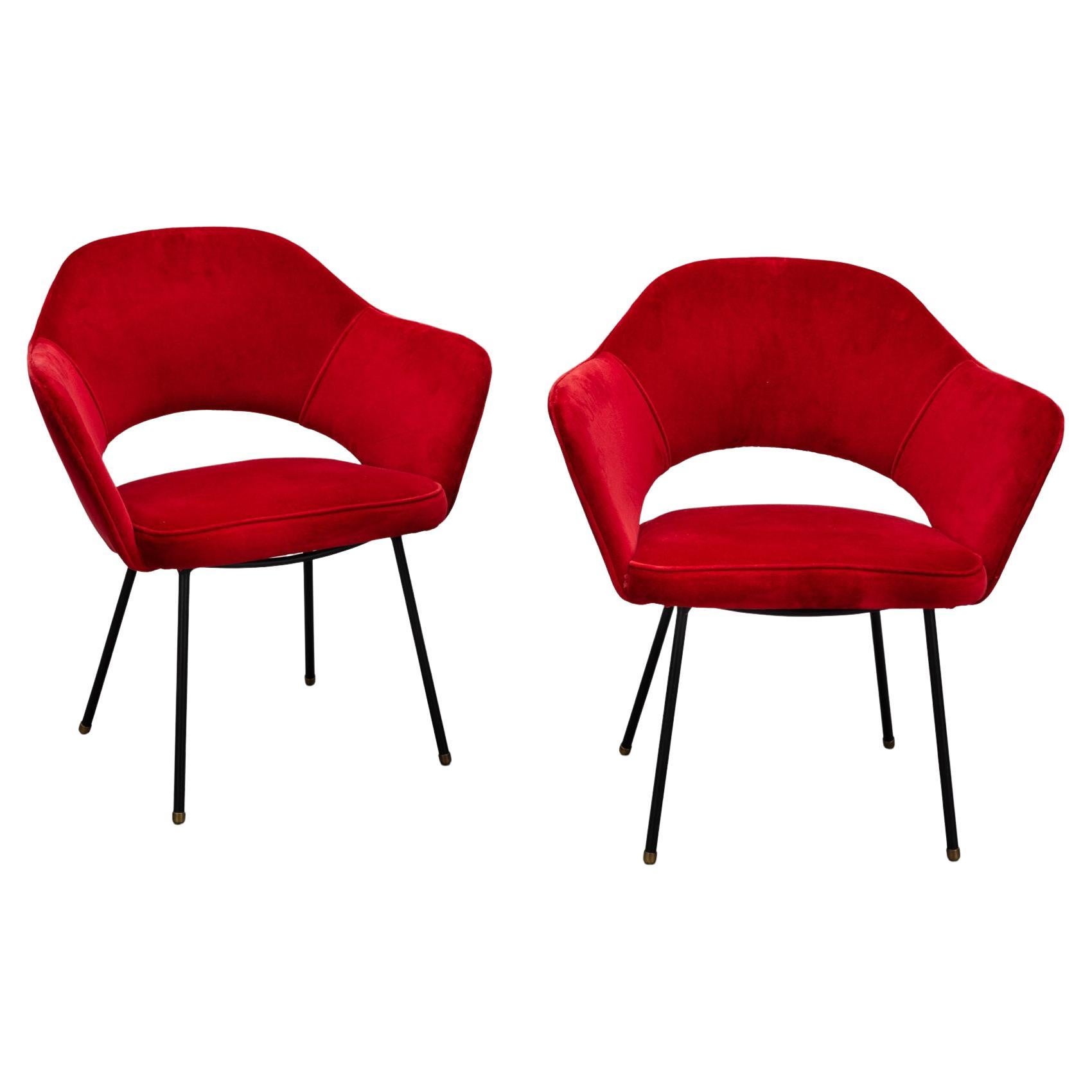 Pair of Red Velvet Iron Armchairs For Sale