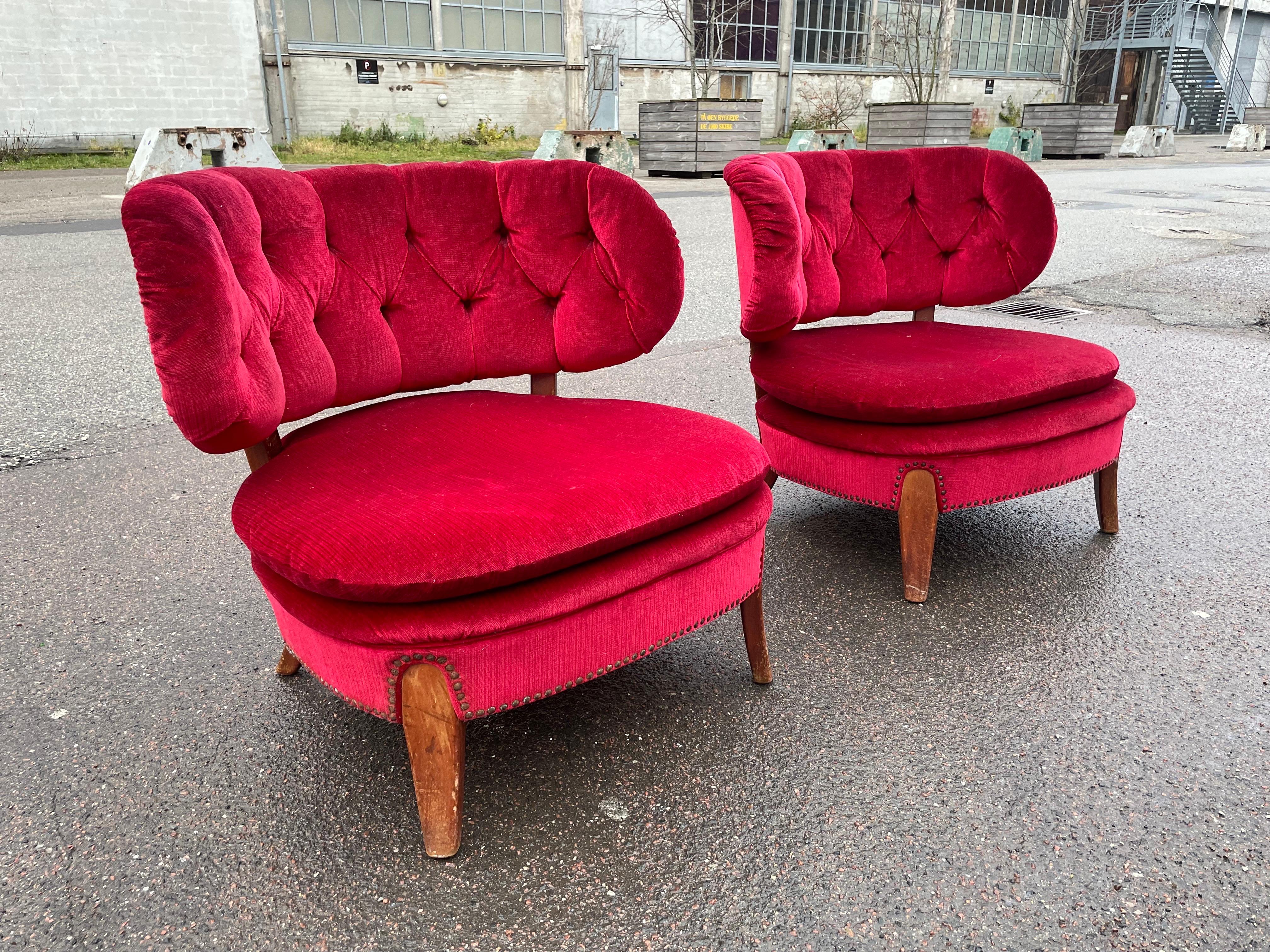 Pair of red velvet Lounge Chairs by Otto Schulz, Boet, Sweden, 1940s 3