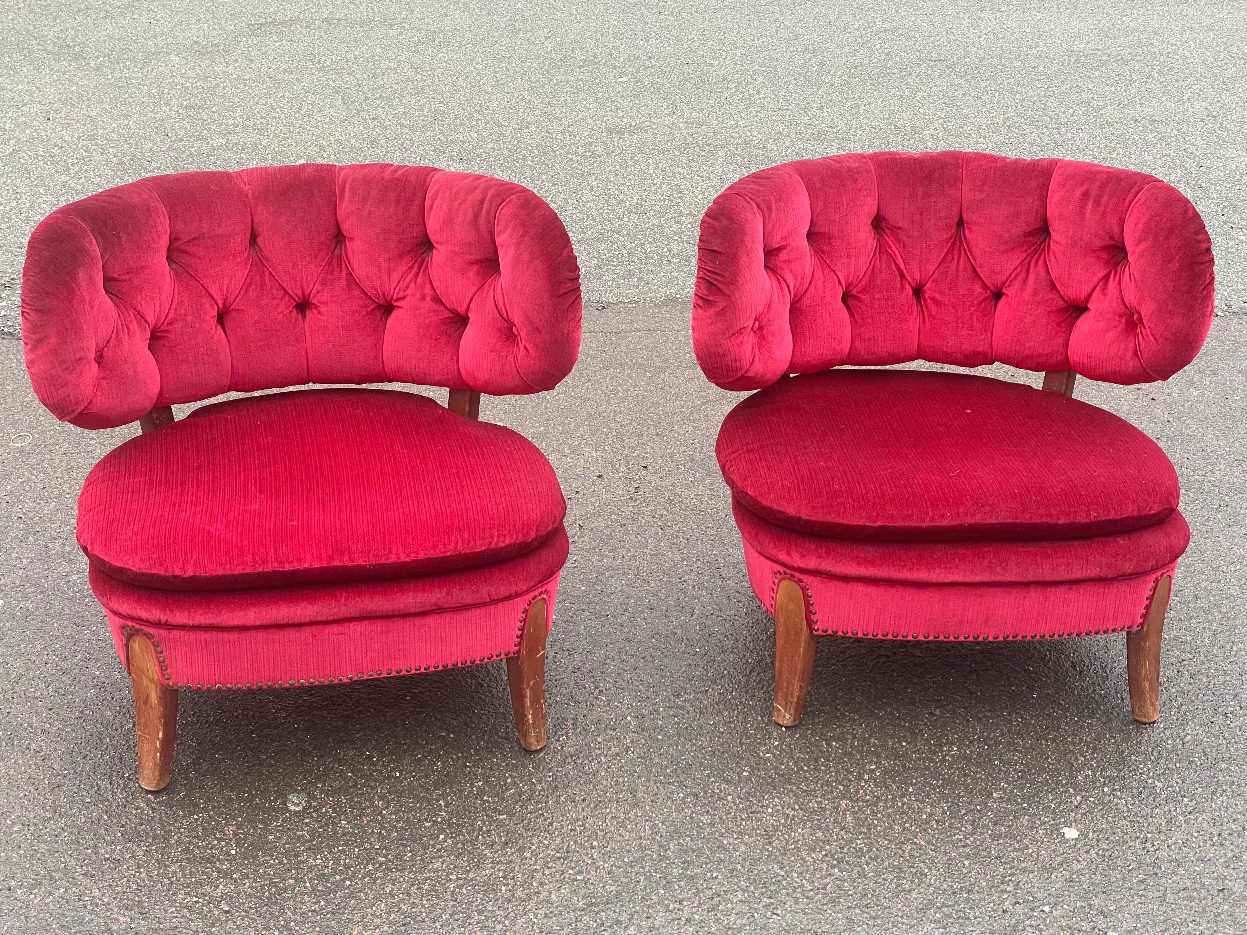 Pair of red velvet Lounge Chairs by Otto Schulz, Boet, Sweden, 1940s 4