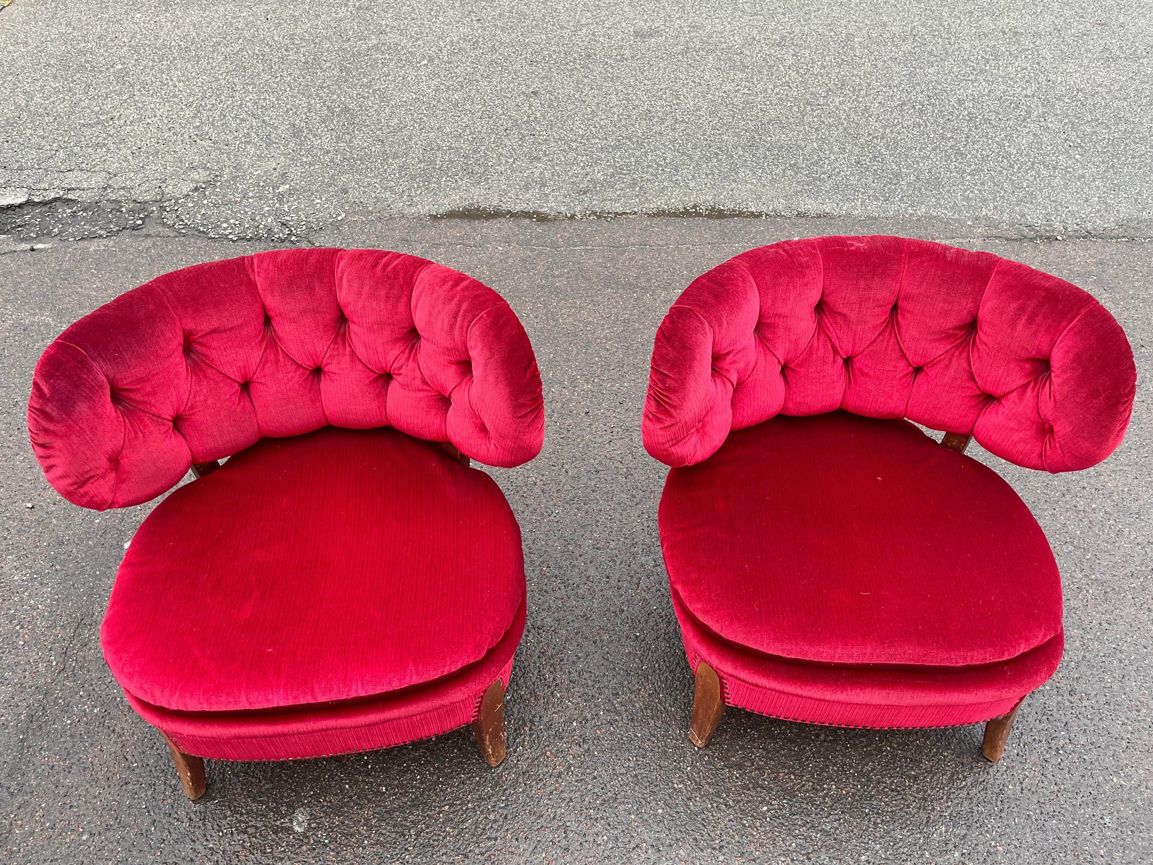 Swedish Pair of red velvet Lounge Chairs by Otto Schulz, Boet, Sweden, 1940s