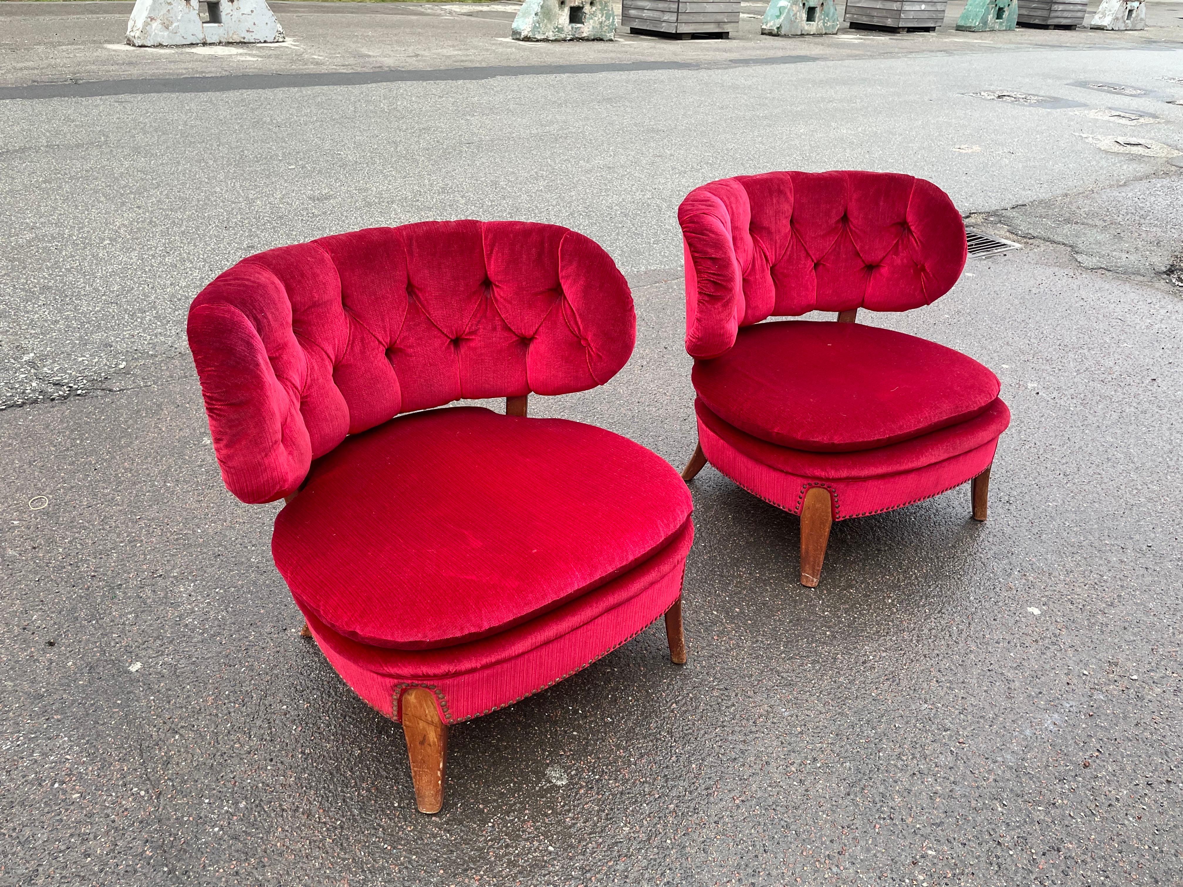 Pair of red velvet Lounge Chairs by Otto Schulz, Boet, Sweden, 1940s In Good Condition In Copenhagen, DK