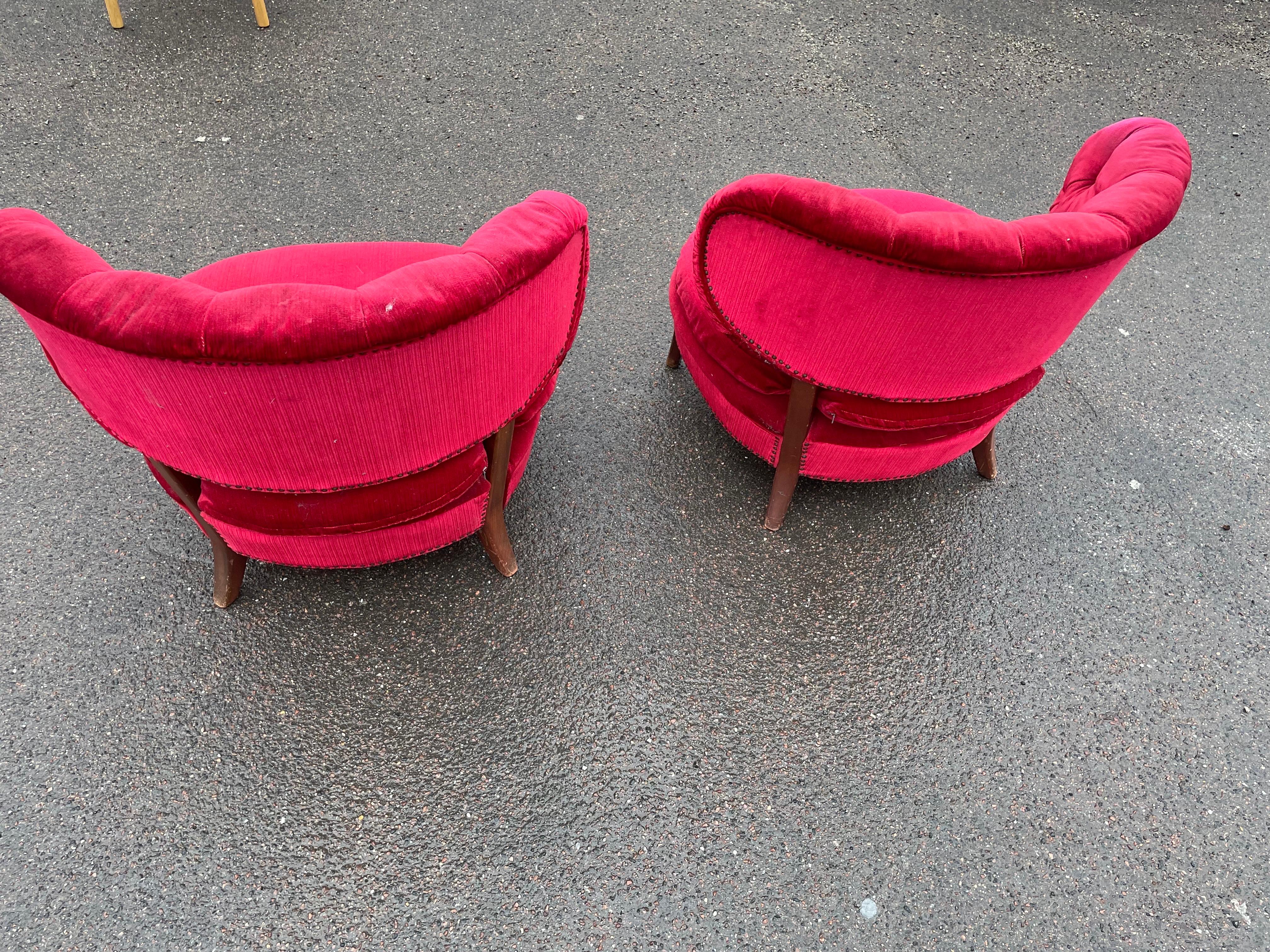Pair of red velvet Lounge Chairs by Otto Schulz, Boet, Sweden, 1940s 1