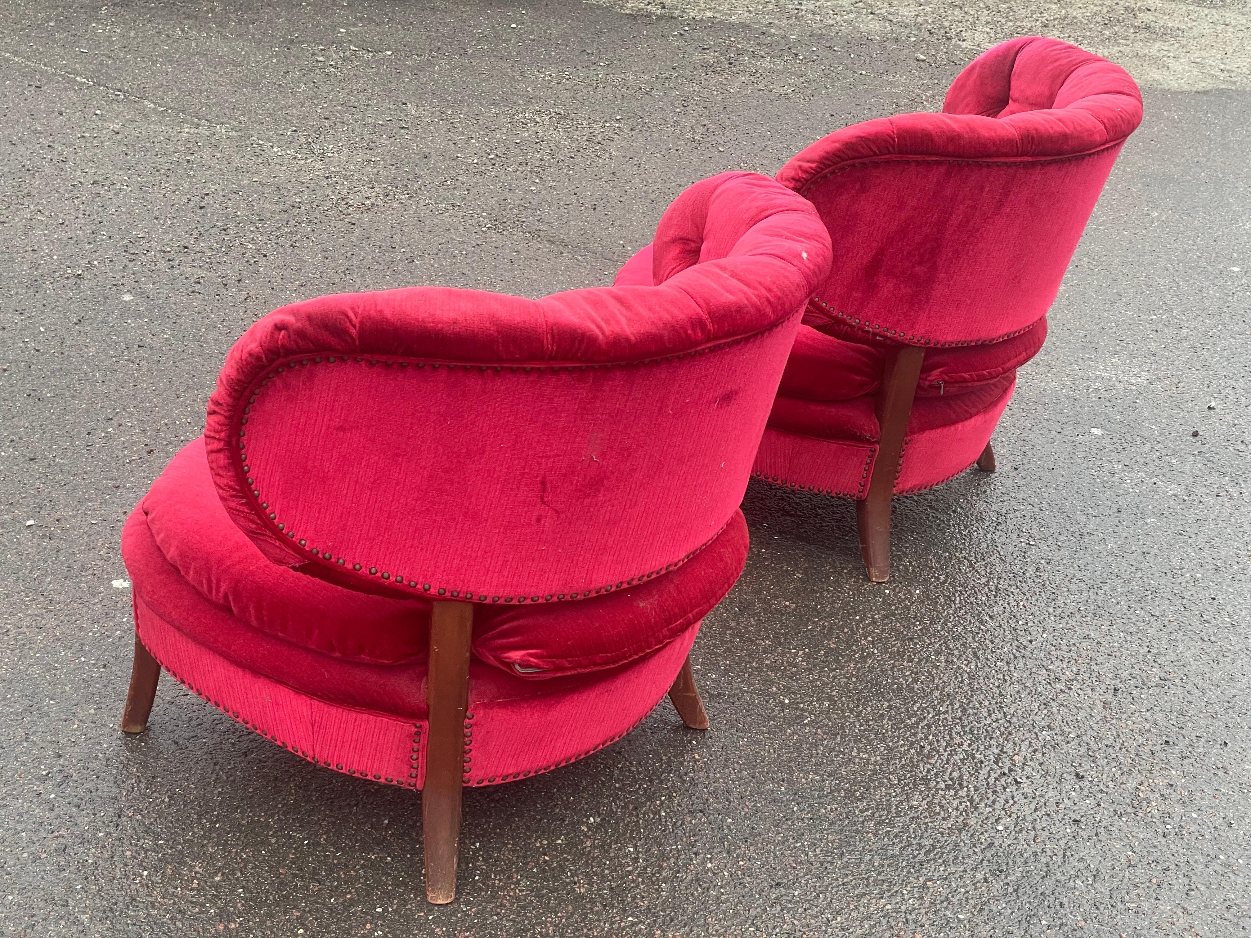 Pair of red velvet Lounge Chairs by Otto Schulz, Boet, Sweden, 1940s 2