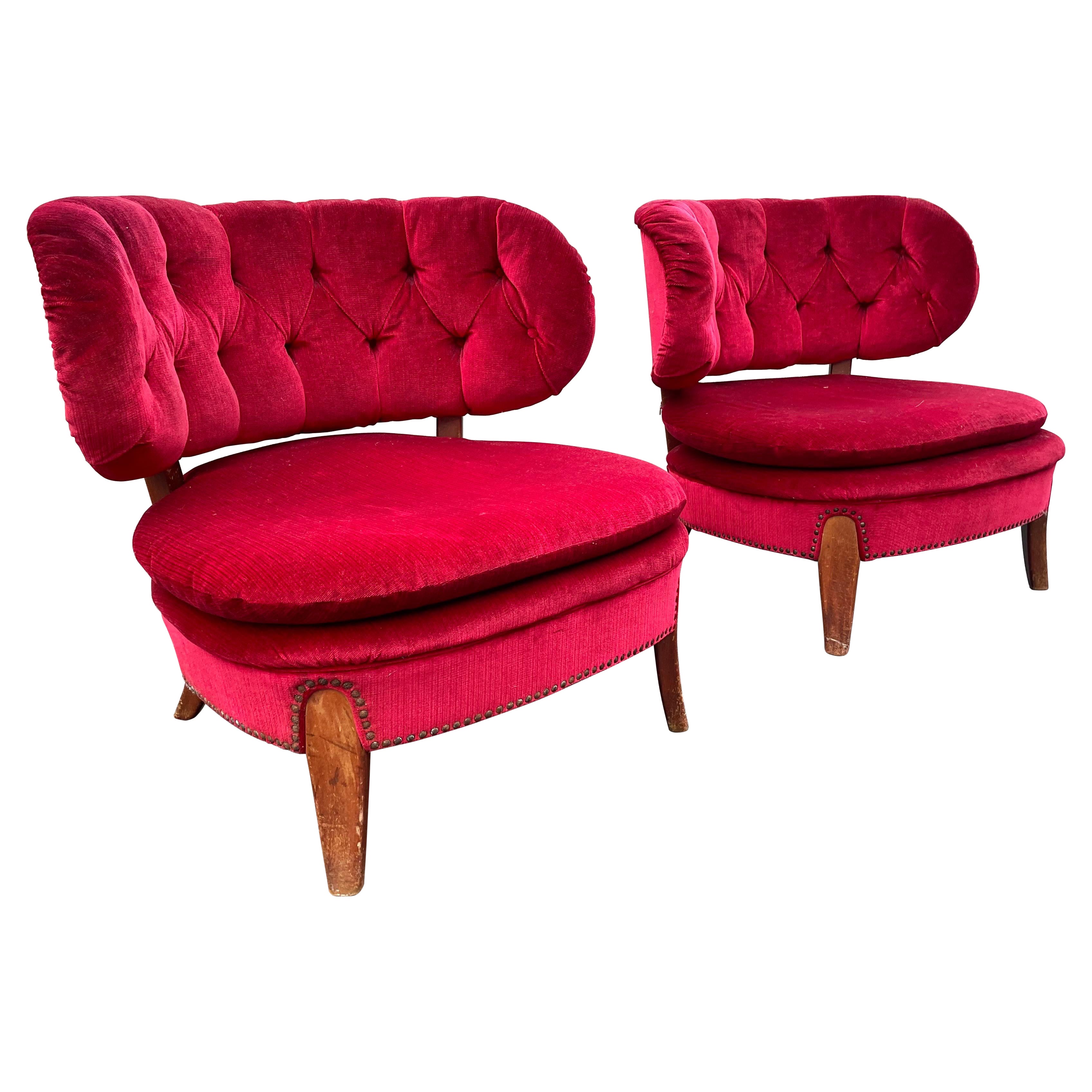 Pair of red velvet Lounge Chairs by Otto Schulz, Boet, Sweden, 1940s
