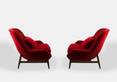 Pair of Red Velvet Upholstered Armchairs by ISA Bergamo, Italy, with Cushions