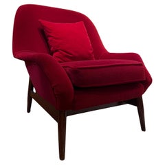 Pair of Red Velvet Upholstered Armchairs by ISA Bergamo, Italy, with Cushions