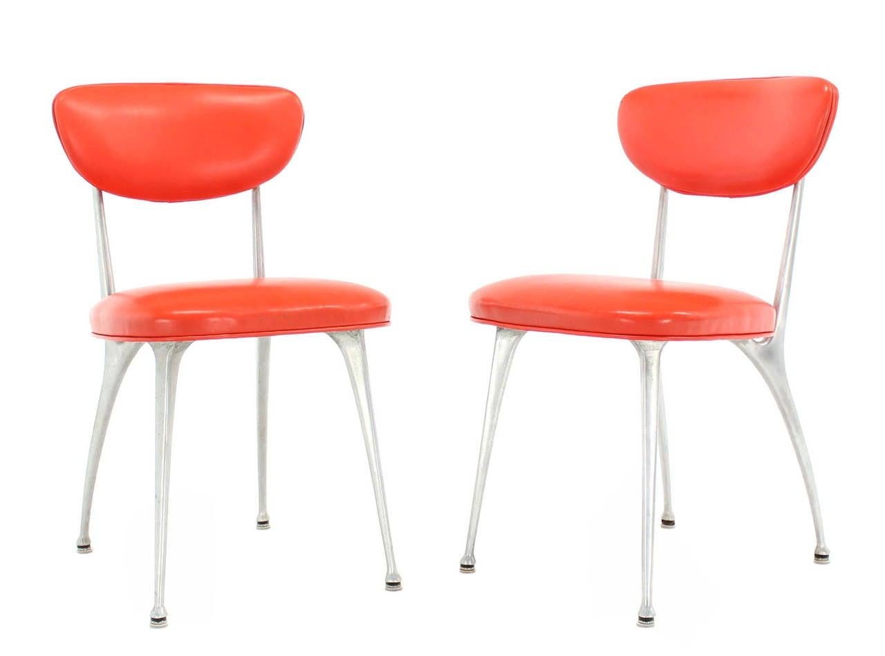 Mid-Century Modern Pair of Red Vinyl Upholstery Cast Aluminum Sculptural Chairs