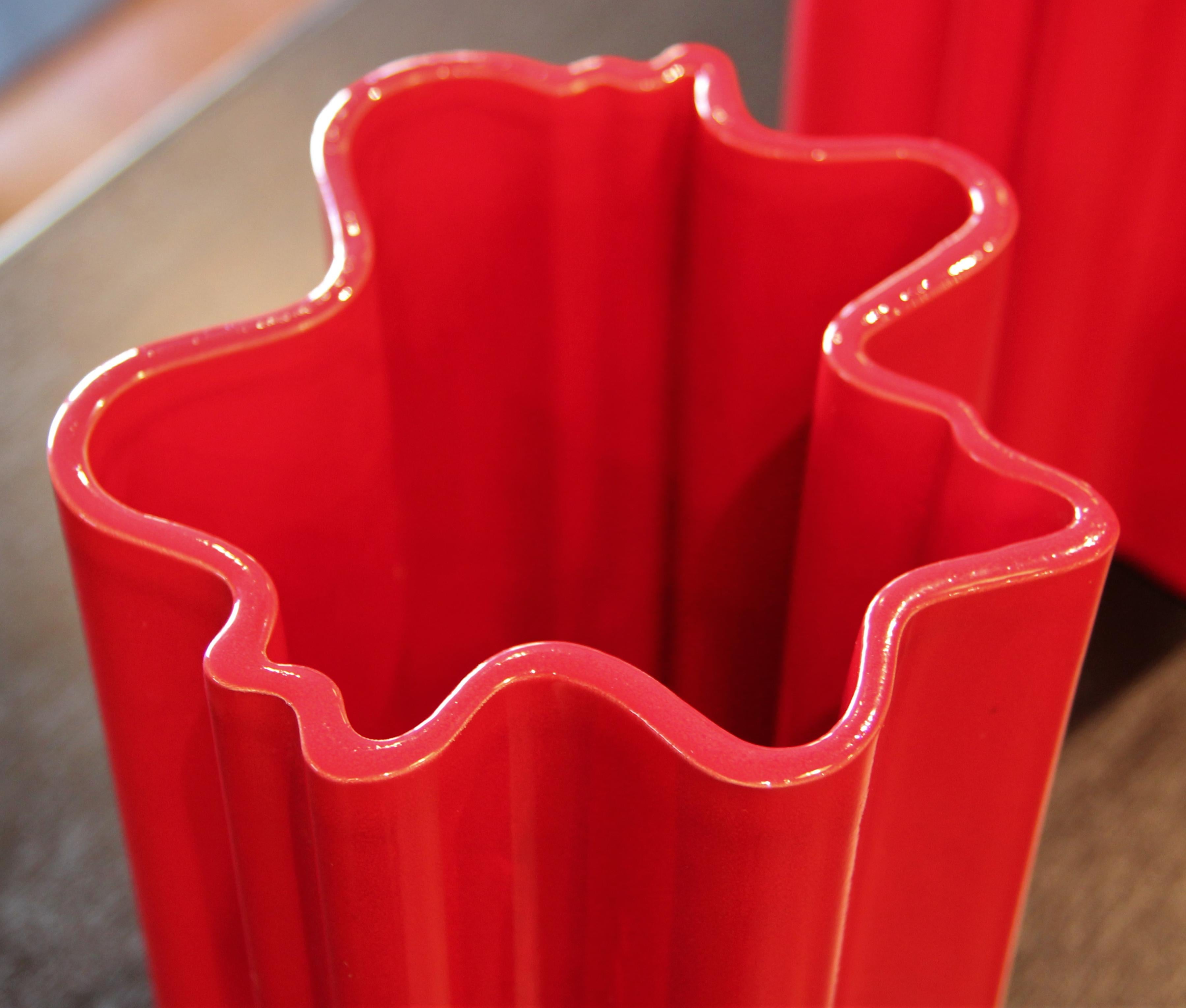 Italian Pair of Red Wavy Ceramic Vases by Angelo Mangiarotti for Fratelli Brambilla