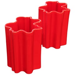 Pair of Red Wavy Ceramic Vases by Angelo Mangiarotti for Fratelli Brambilla