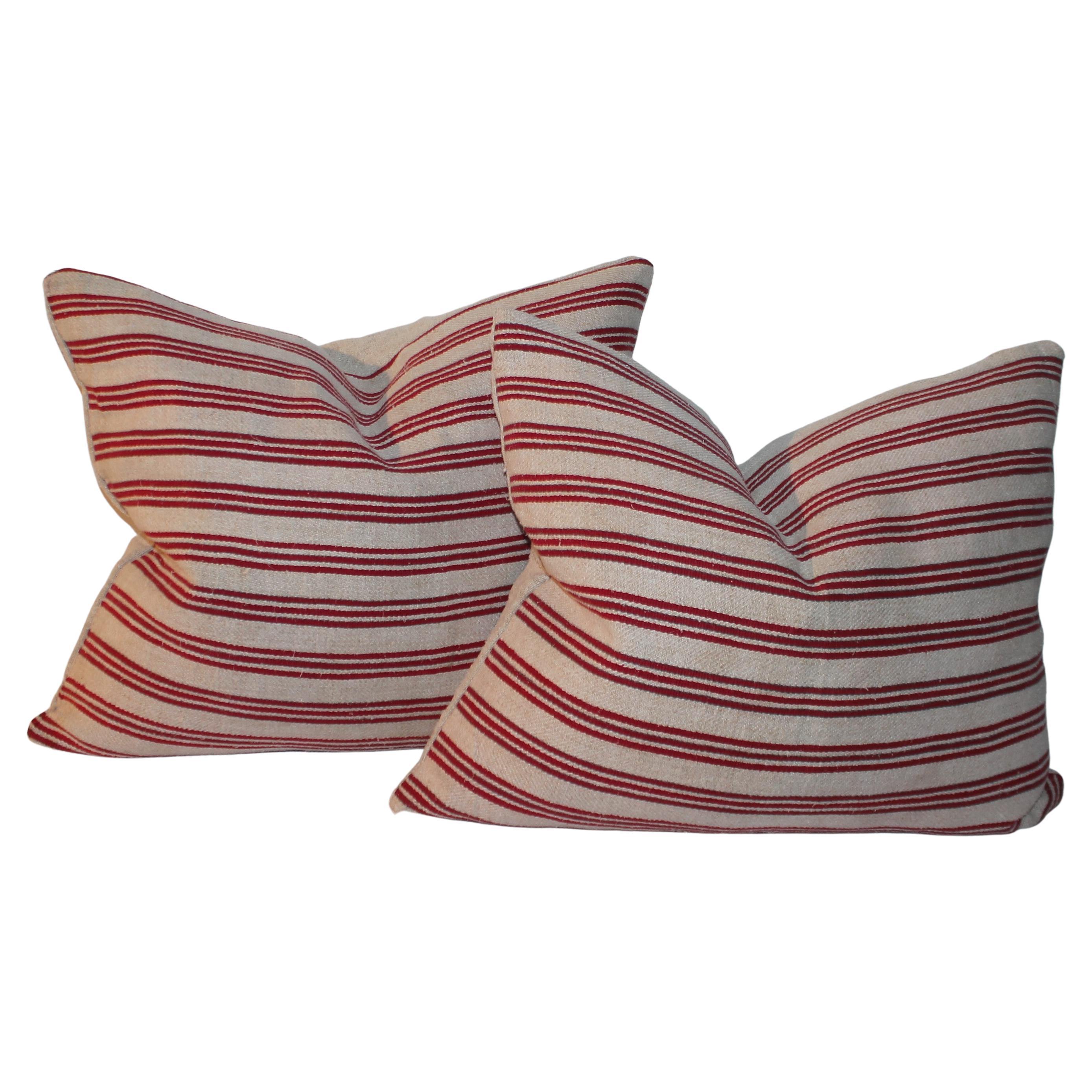 Pair of Red & White Ticking Pillows For Sale