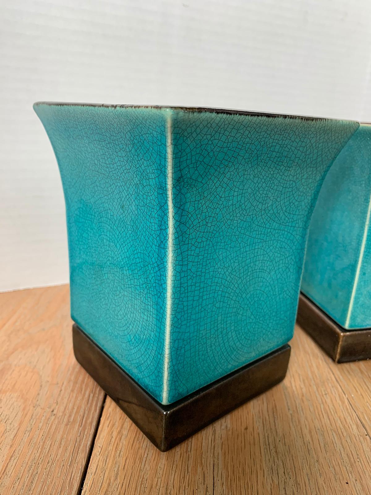 Pair of Red Wing Pottery Turquoise Blue Square Glazed Pottery Vases, Marked 3