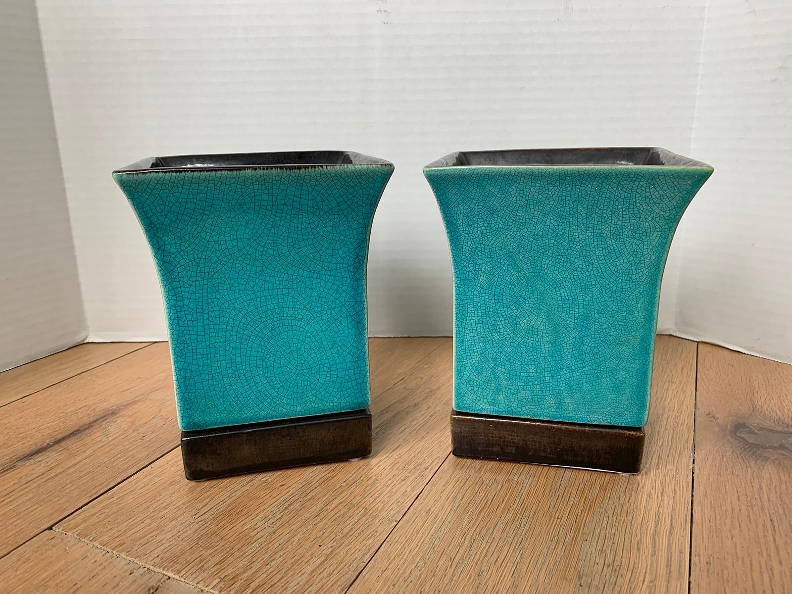 Pair of late 19th-early 20th century American turquoise blue square glazed pottery vases by Red wing pottery, marked.